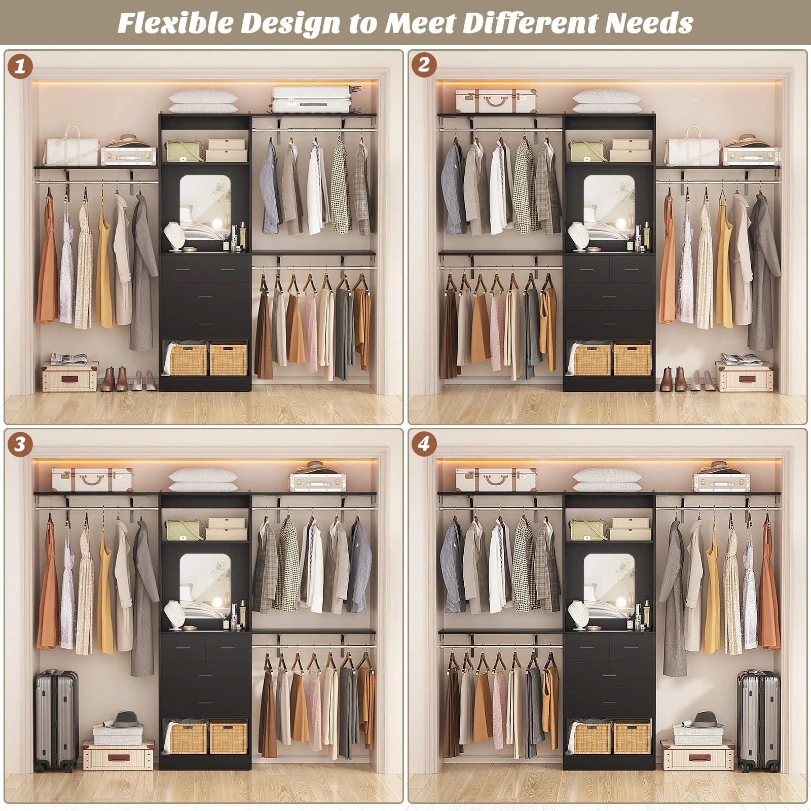 96'' W Closet System with Mirror, 8FT Walk-in Closet Organizer Kits with 4 Wooden Drawers ＆ 3 Extendable Hanging Rods