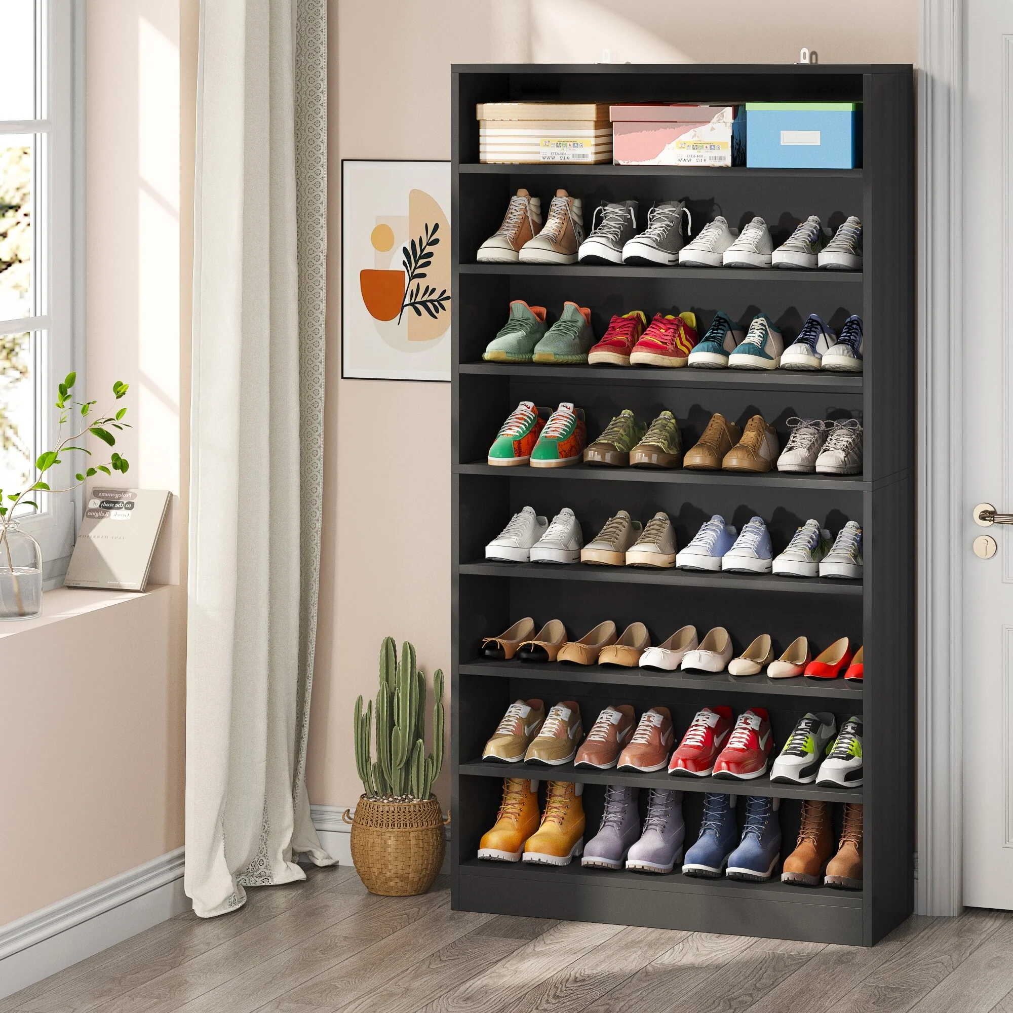 9 Tiers 40-45 Pairs Heavy Duty Wood Freestanding Shoe Storage Cabinet