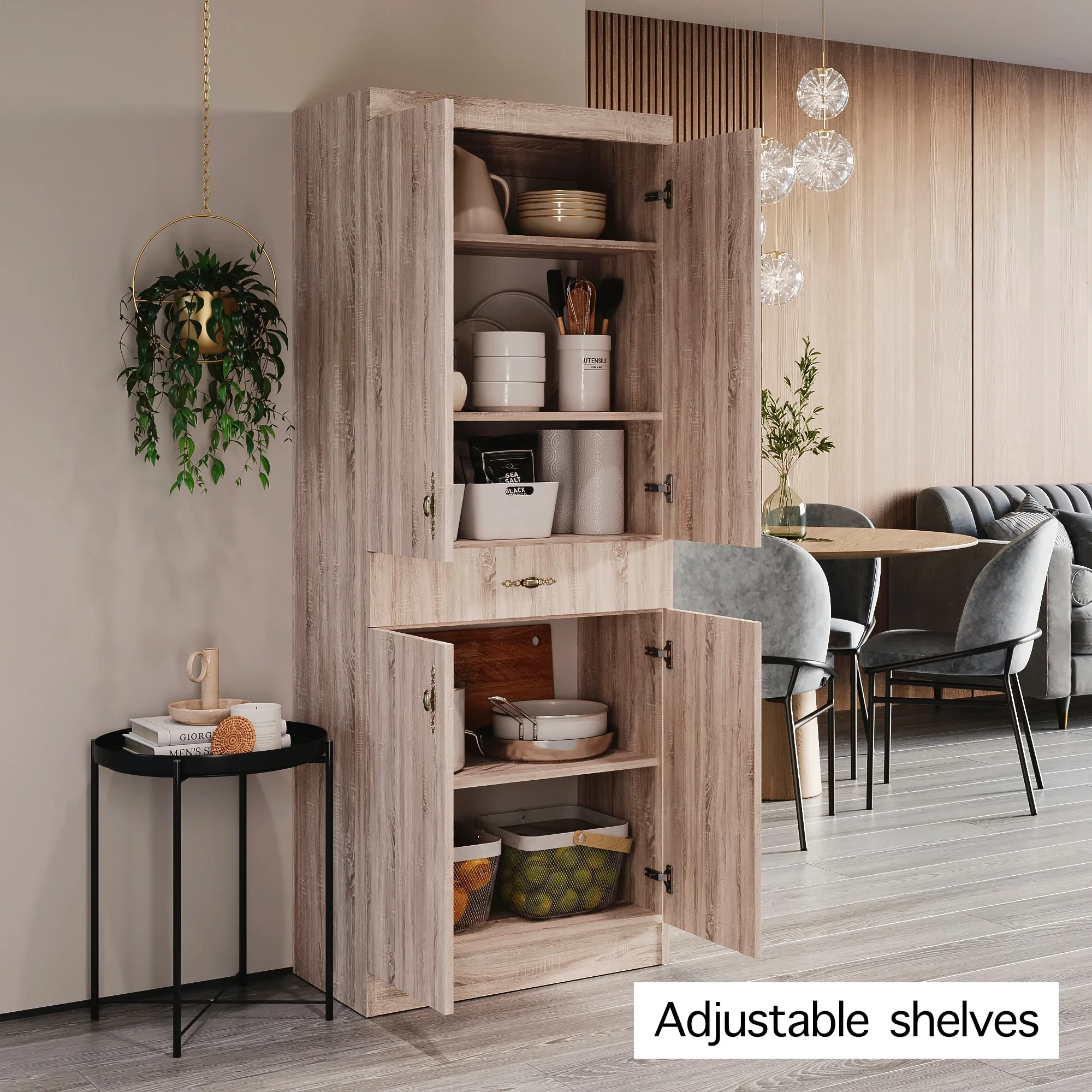 Living Skog Monti Food Pantry Storage Kitchen Cabinet with Adjustable Shelves and Drawer