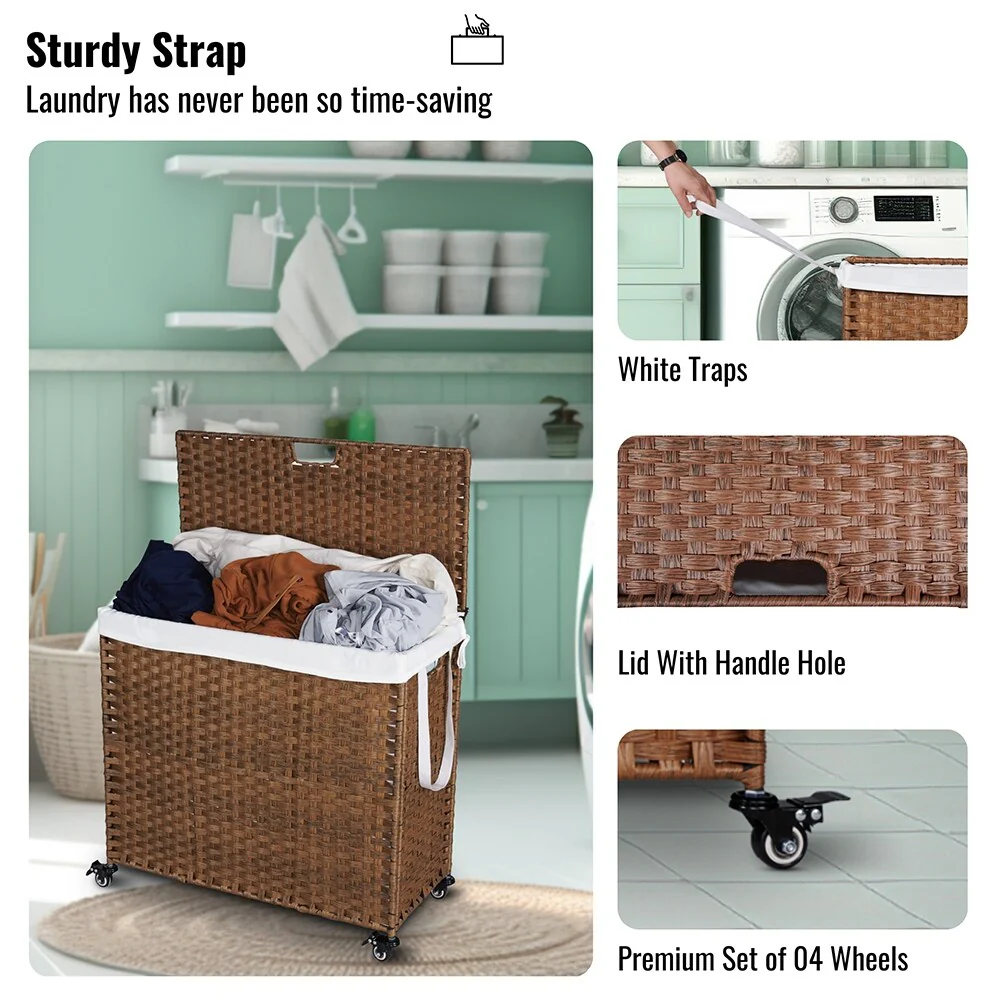 Laundry Hamper with Wheels, 160L Rattan Hampers & 2 Removable Liner Bags, Laundry Basket with Lid - 27