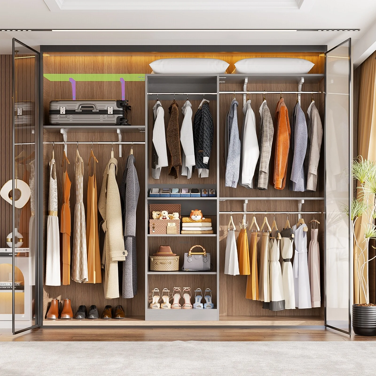 Rackcog 20-96'' W Closet System Starter Kit, Sturdy DIY Closet Organizer with 3 Winged Storage Shelves