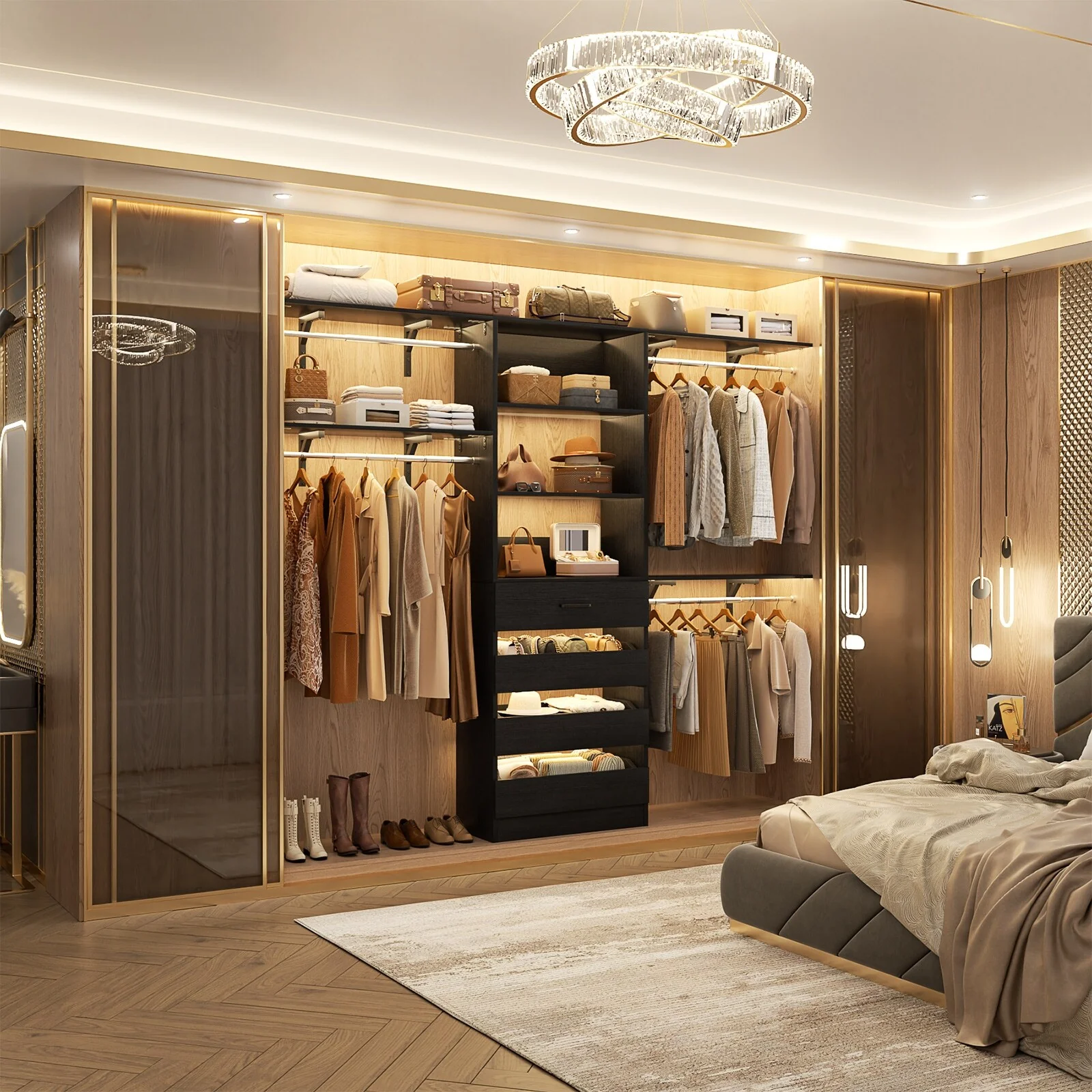 Rackcog 96'' Closet System with 4 Drawers and 4 Hanging Rods, 8FT Wood Closet Organizer for Walk-in Closet