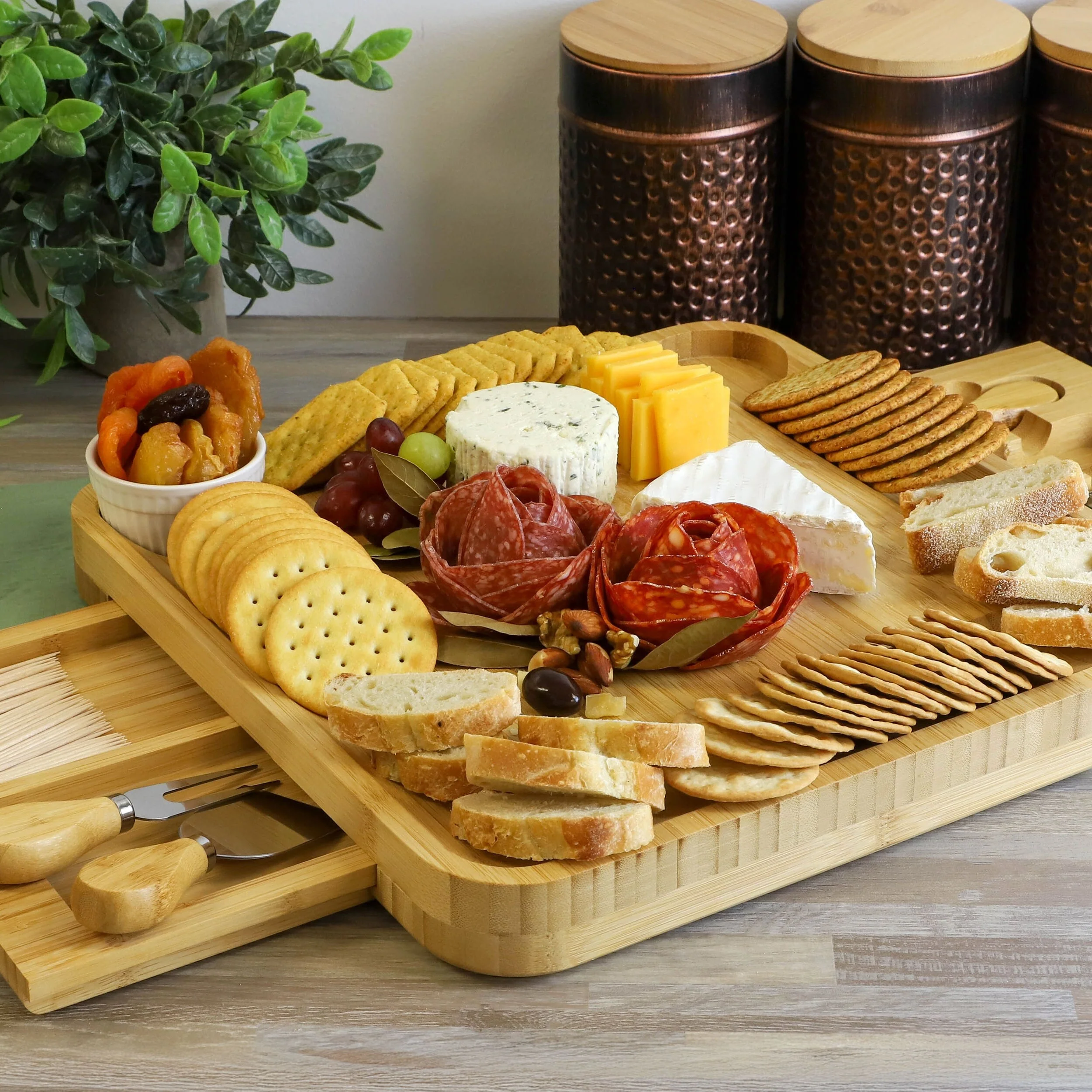 MegaChef Bamboo Charcuterie Cheese Board Set with Ramekins and Slide Out Cutlery Drawer