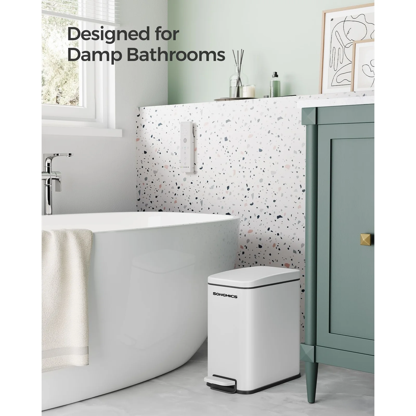 Stainless Steel Slim Bathroom Trash Can with Soft-Close Lid and Plastic Removable Inner Bucket