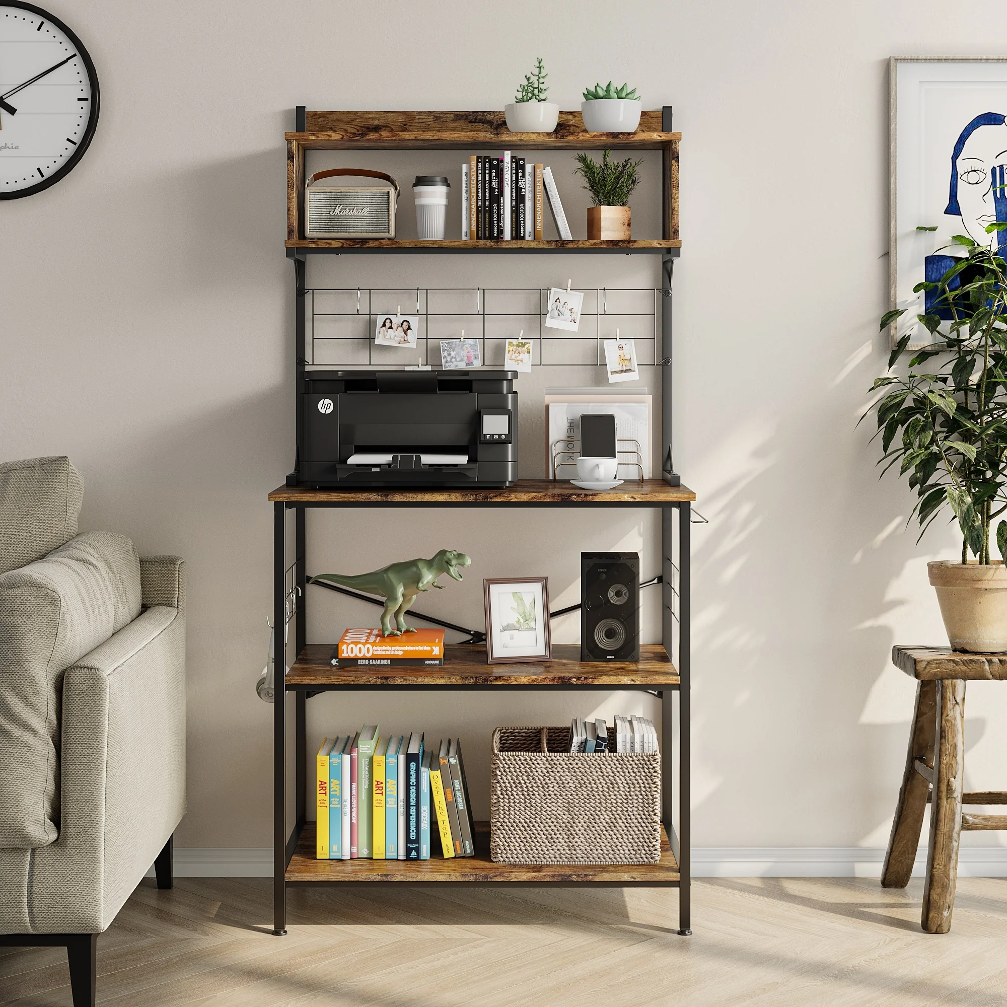 63 Inch Kitchen Baker's Rack with Hutch 8 Side Hooks