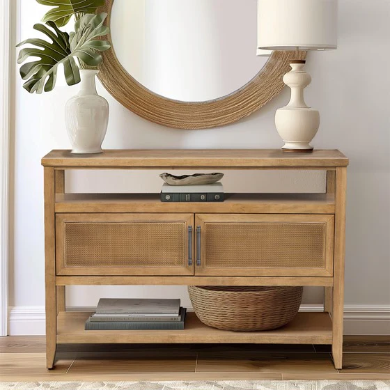Console Table with 2 Cane Doors and 2 Shelves