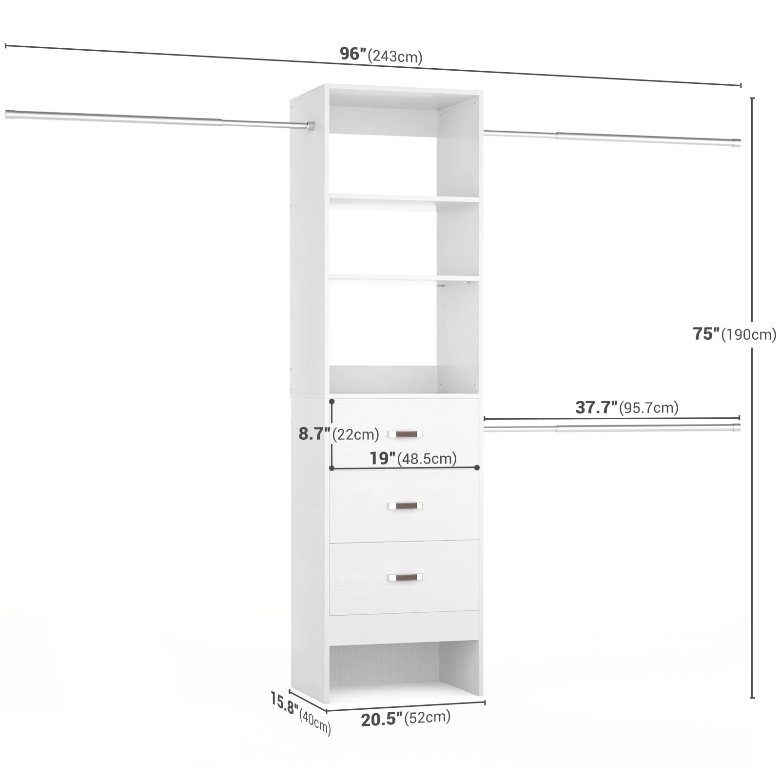 20.5-96'' W Closet Organizer System with Extendable Hanging Rods and Drawers and Tower Shelves