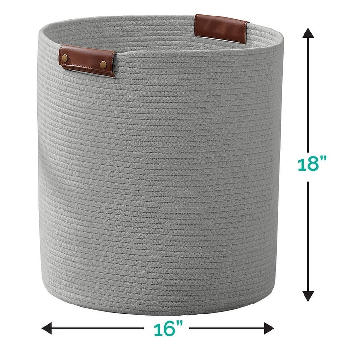 Large Cotton Rope Storage Basket Laundry Hamper Woven Basket with Leather Handles -16 x 18 - 16