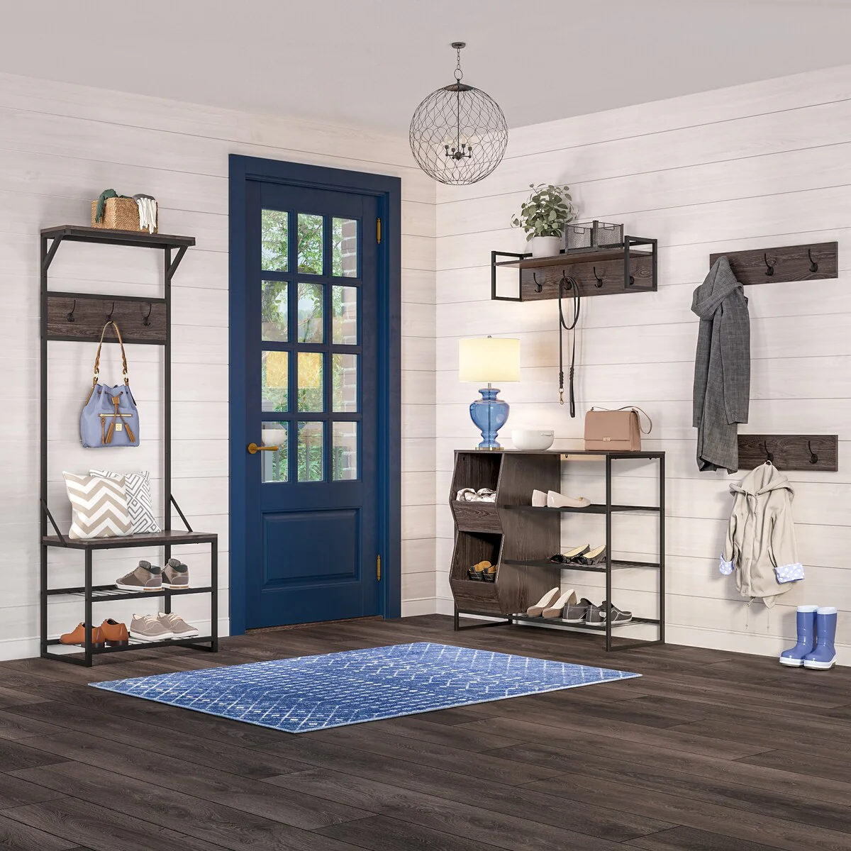 RiverRidge Afton 4-Hook Wall Mount Entryway Organizer Coat Rack Hanger - Weathered Woodgrain and Dark Brown Hooks