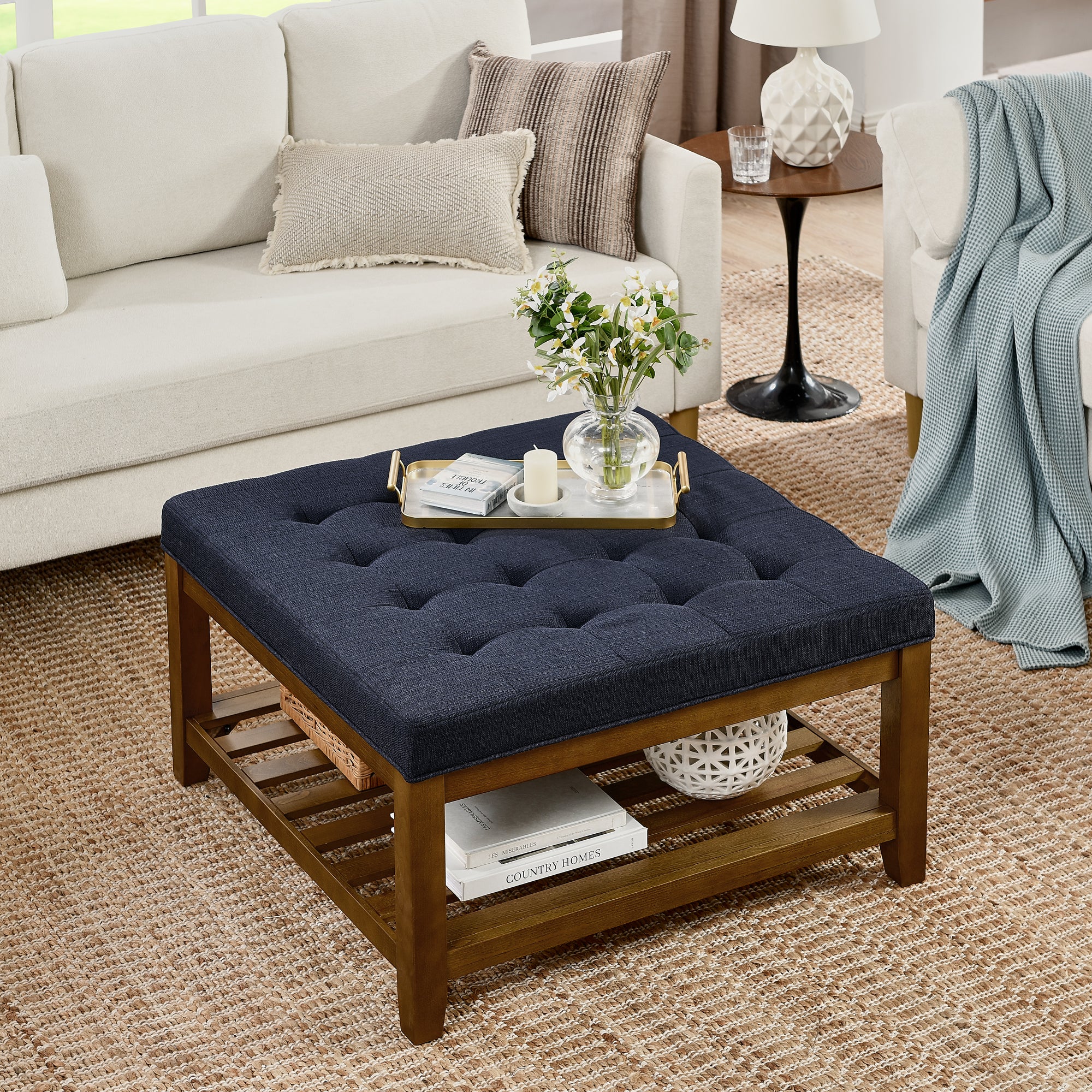 Upholstered Square Coffee Table with Shelf and Tufted Top