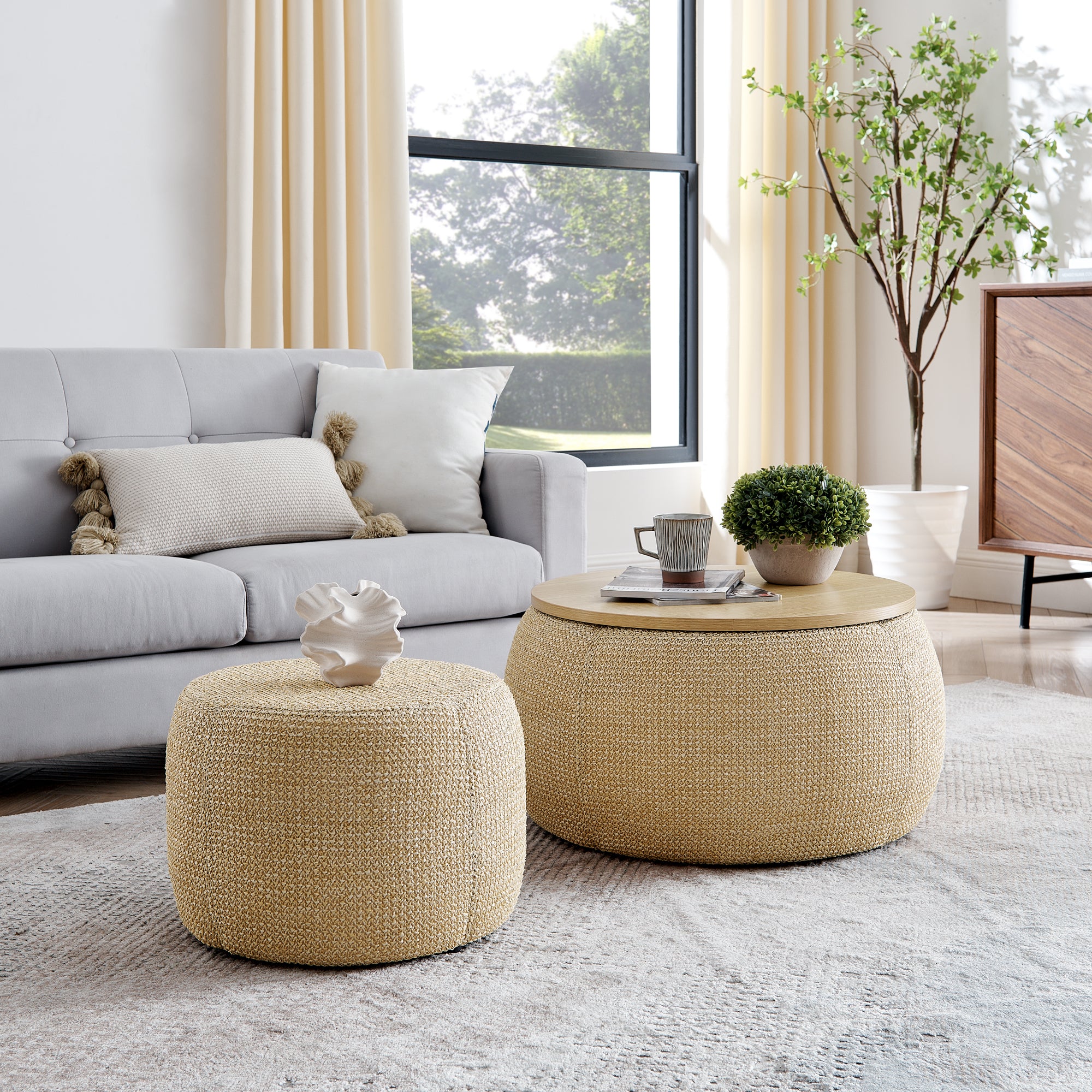 Storage Ottoman Set with Dual Functionality, Serves as an End Table and Seat
