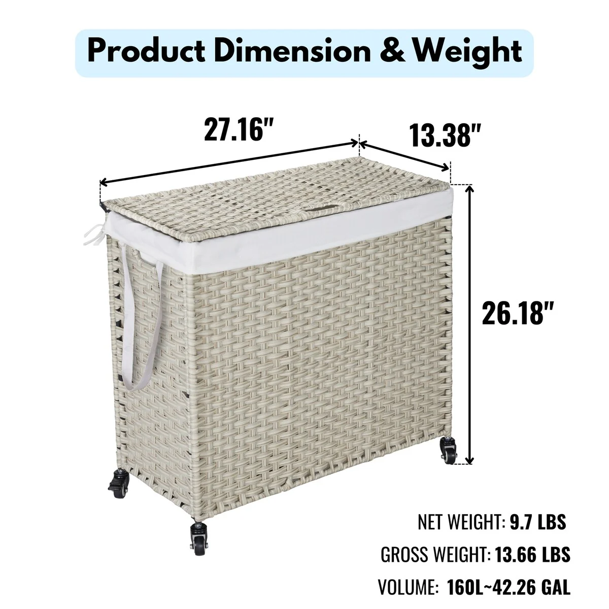 Laundry Hamper with Wheels, 160L Rattan Hampers & 2 Removable Liner Bags, Laundry Basket with Lid - 27