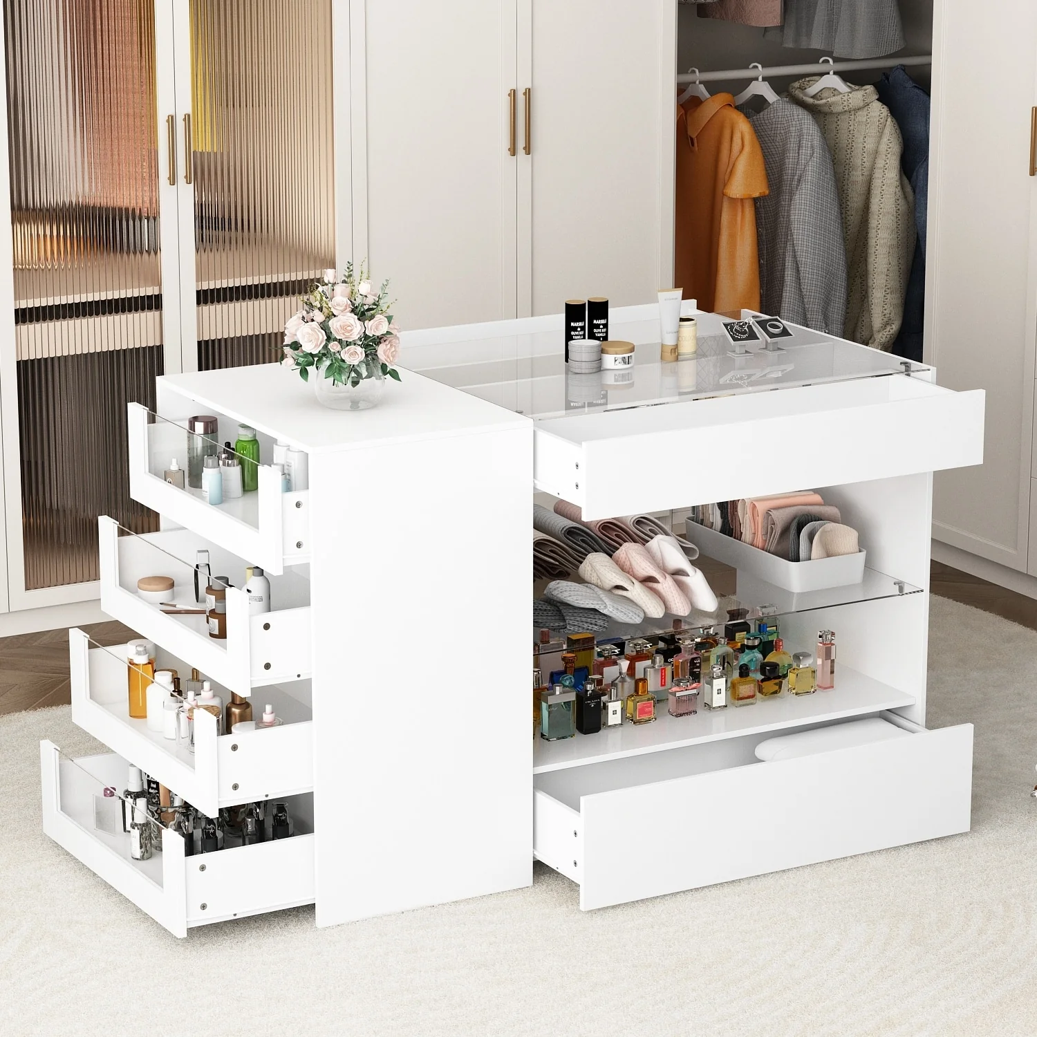 Dressing Island with Glass Shelves Spacious White Organizer Closet - 47.2
