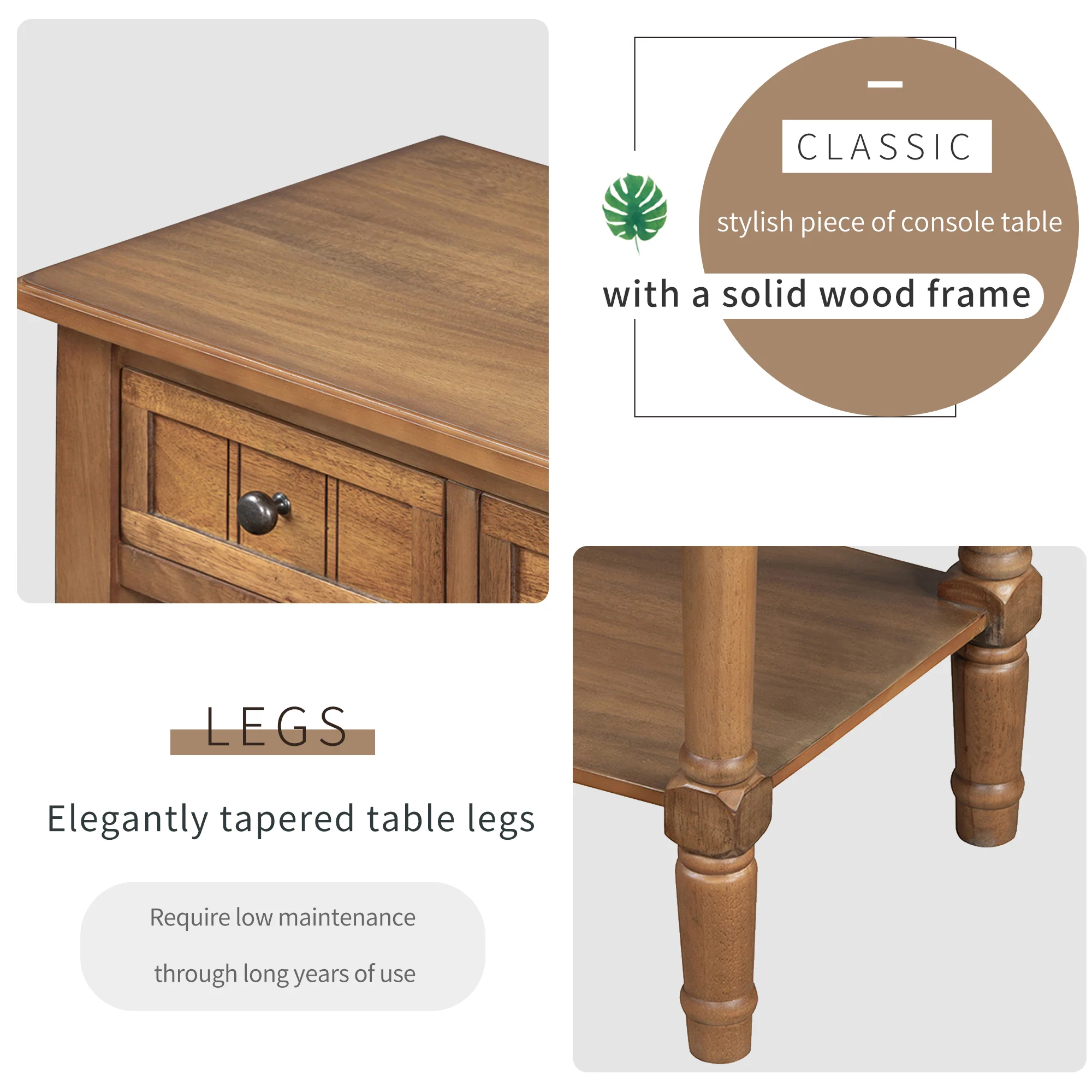 Conquest Narrow Console Table with 3 Drawers and Bottom Shelf