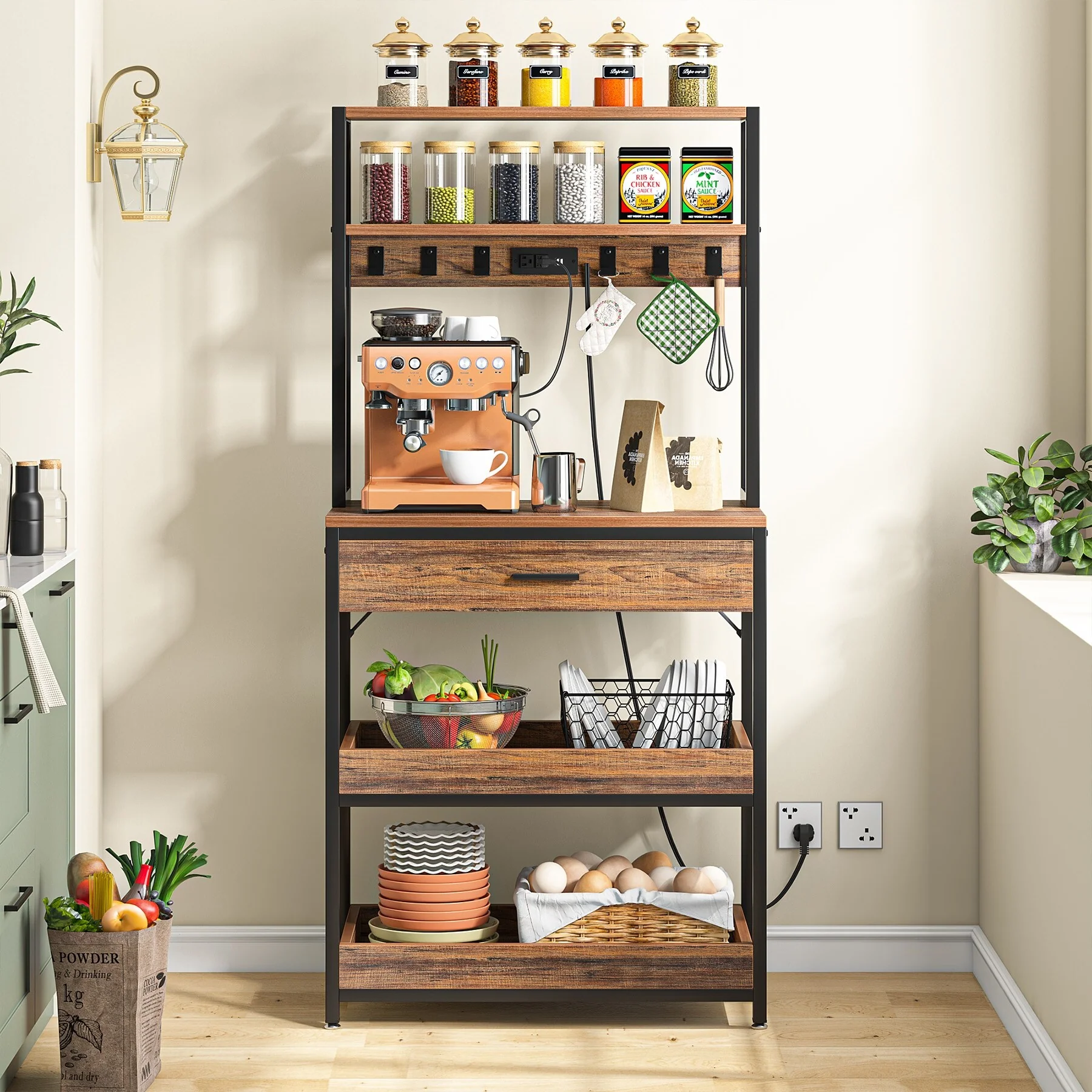 Kitchen Bakers Rack with Power Outlets, High Utility Storage Shelves Microwave Stand with Drawers