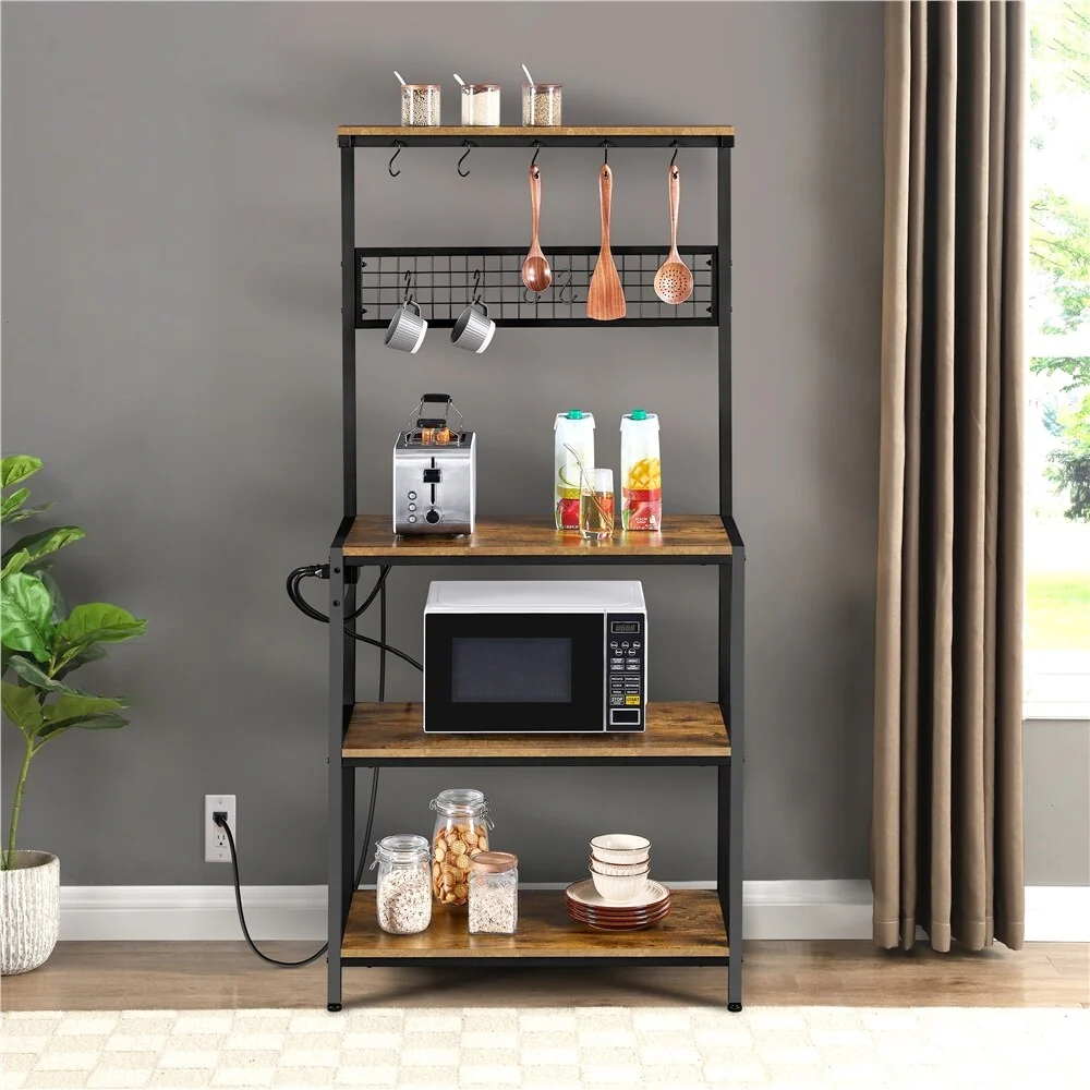 Yaheetech Kitchen Baker's Rack with Outlet Rustic Utility Storage Shelf Unit, Rustic Brown