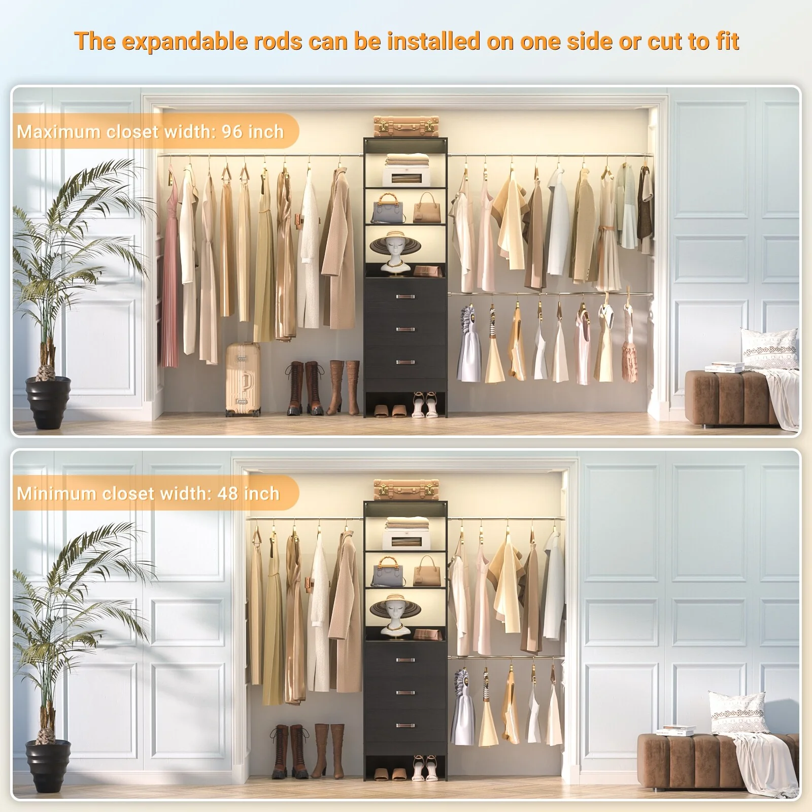 20.2'' - 96'' W Closet Organizer with Drawers, Closet System with Hanging Rods and Adjustable Shelves