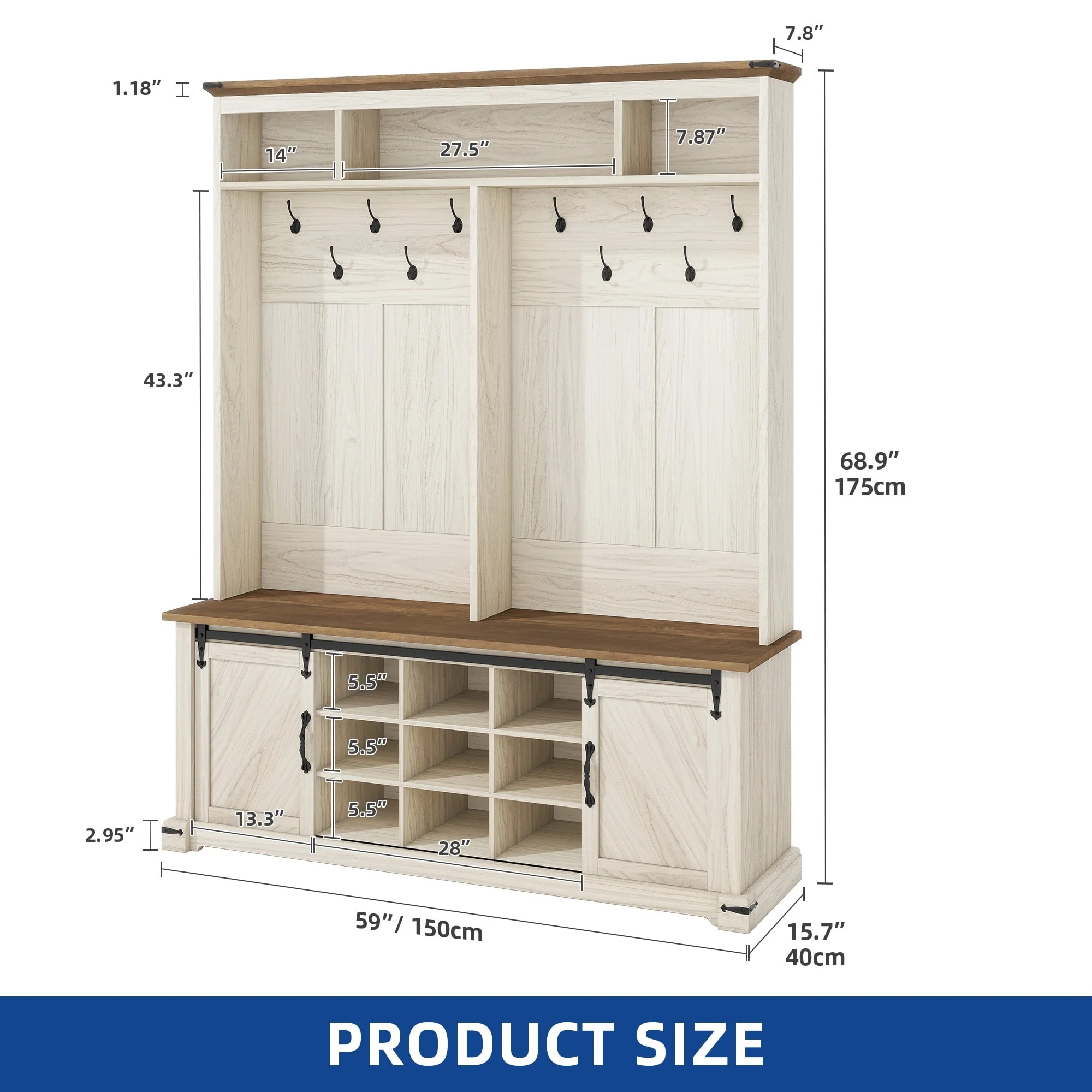 Moasis Farmhouse Hall Tree with Bench and Shoe Storage with 10 Hooks for Entryway