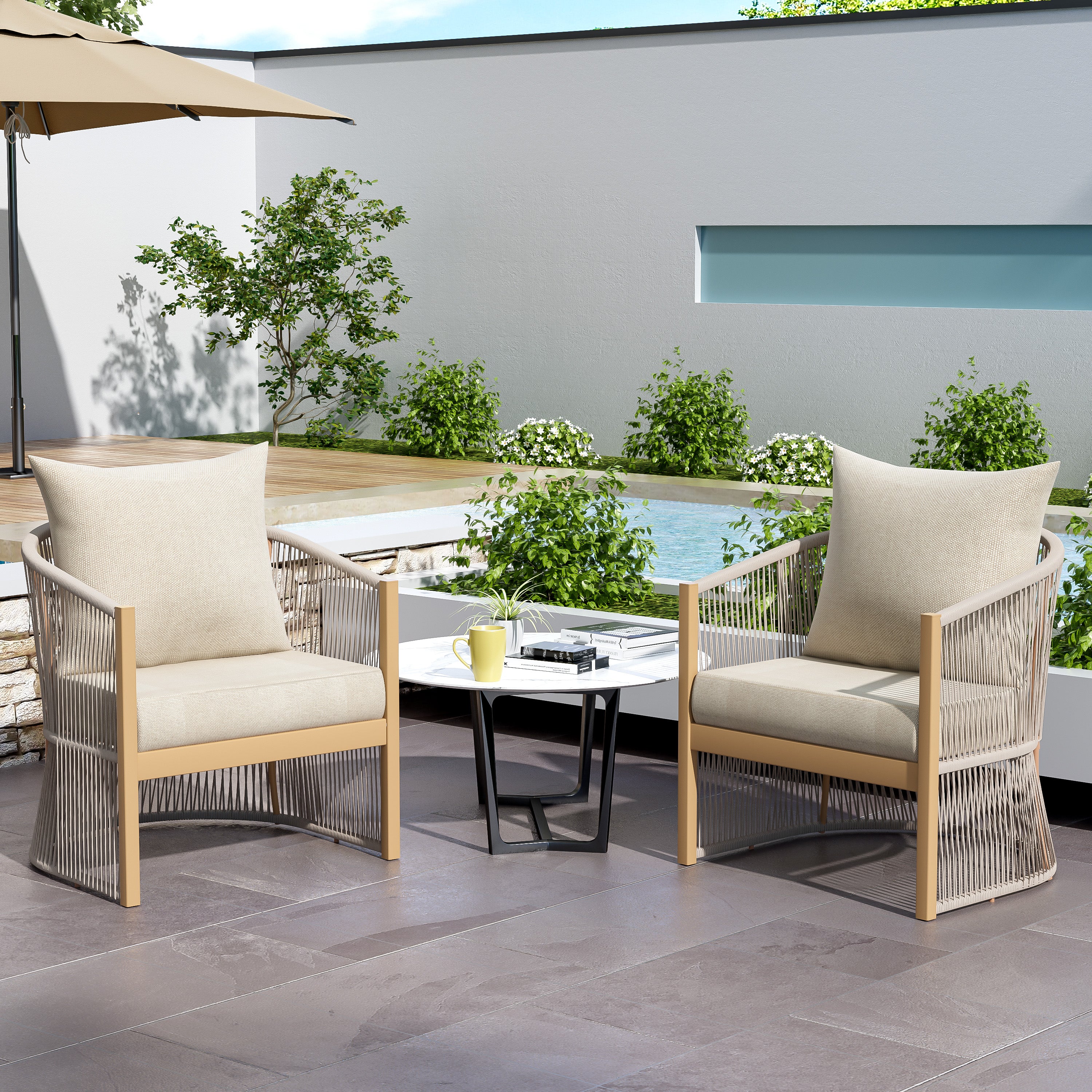 Outdoor Lounge Chair with Rope-Weave Design and Curved Back, Set of 2