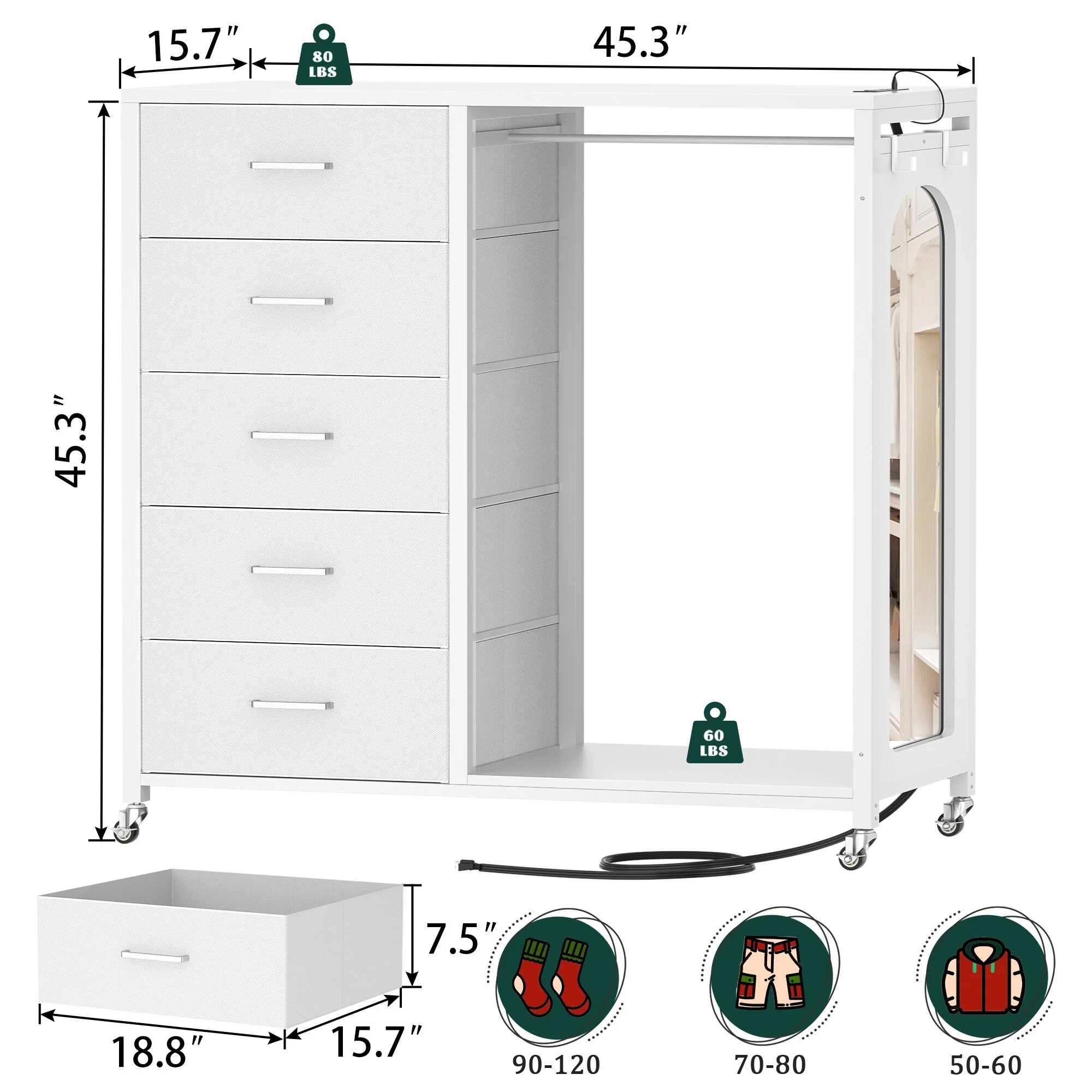 Kid's Closet Organizer with Fabric Drawers and Mirror, Rolling Dresser and Chest with Charge Station