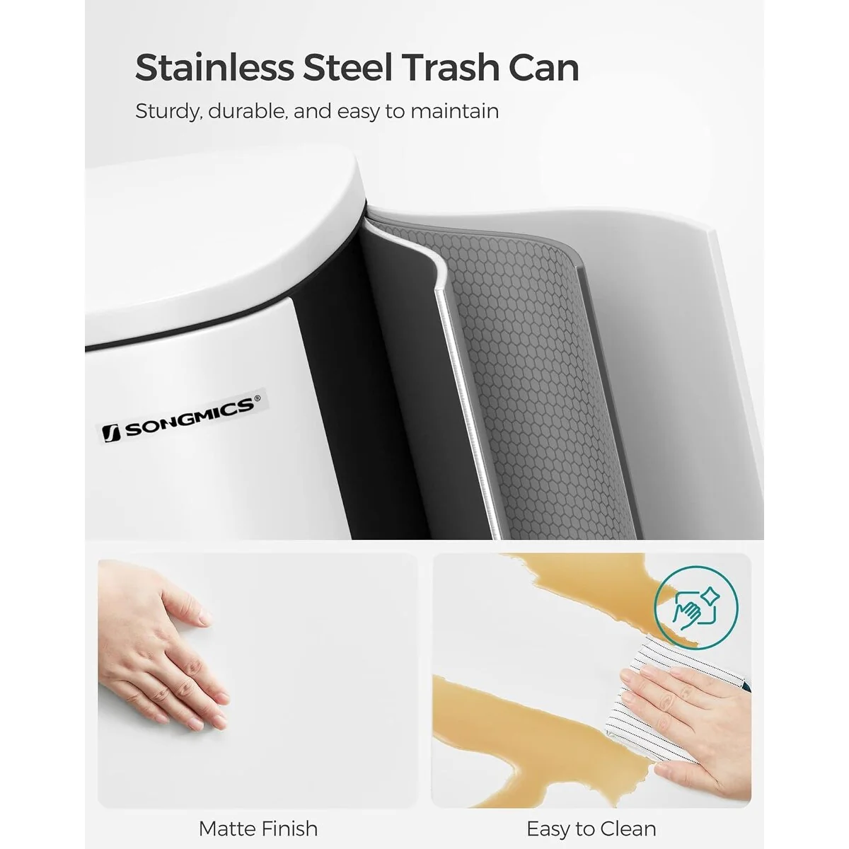 SONGMICS 13.2 Gallon Trash Can, Stainless Steel Garbage Can, White