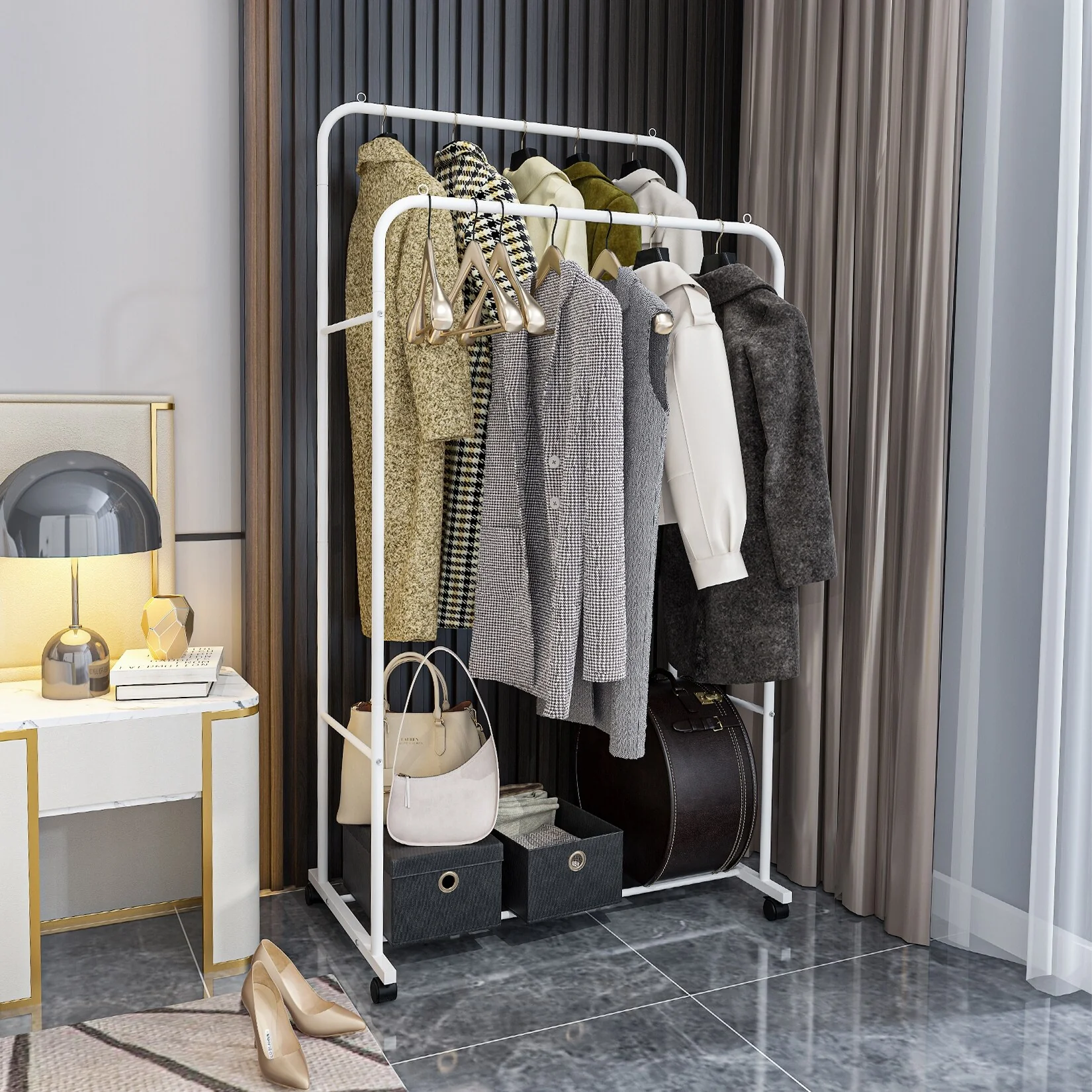 Heavy Duty Clothes Rack Double Rod Clothing Stand with Shelf - 31.4x20x61 inch
