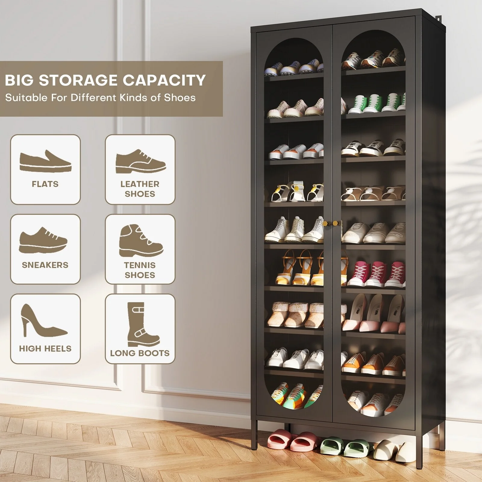 9-Tier Shoe Storage Cabinet with Glass Doors & Adjustable Shelves - 67
