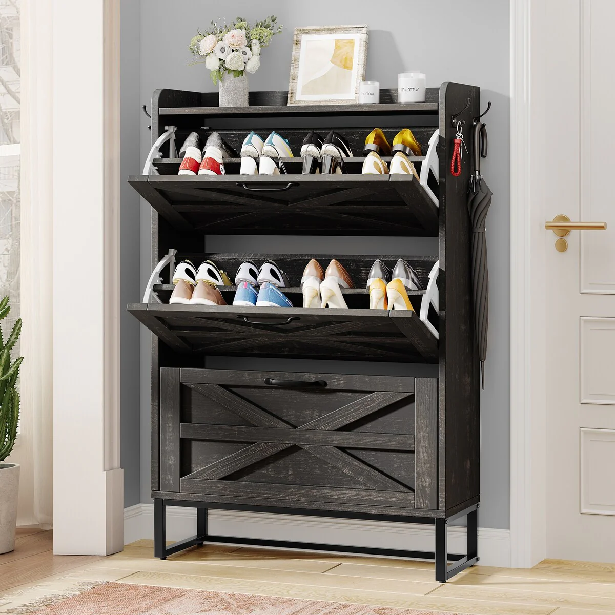 Moasis Farmhouse Flip Shoe Cabinet Shoe Storage Cabinet with 3 Flip Doors Adjustable Shelf - 31.4