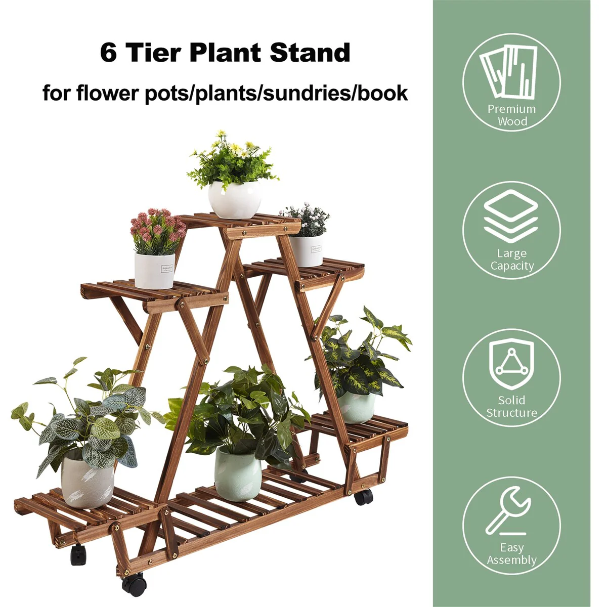 Movable Outdoor Ladder Plant Stand Garden Wood Rack with 6 Tiers