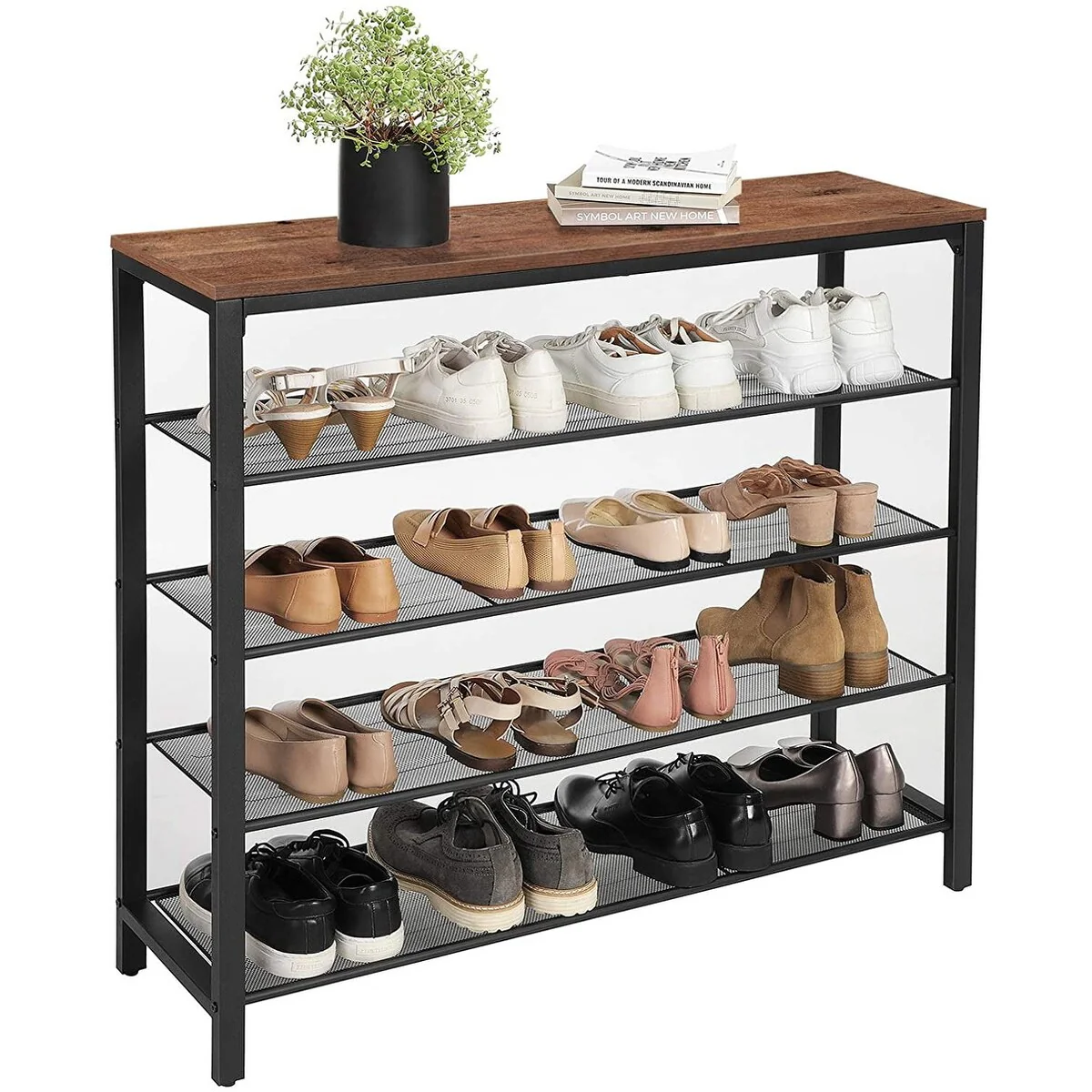 Vasagle 5-Tier Shoe Rack Bench Shoe Organizer for Closet 4 Mesh Shelves Entryway Hallway Shoe Shelf Steel Frame