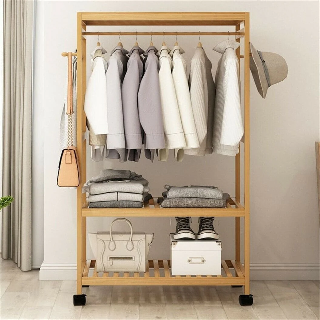 Clothes Rack Bamboo Garment Rolling Rack with Side Hooks