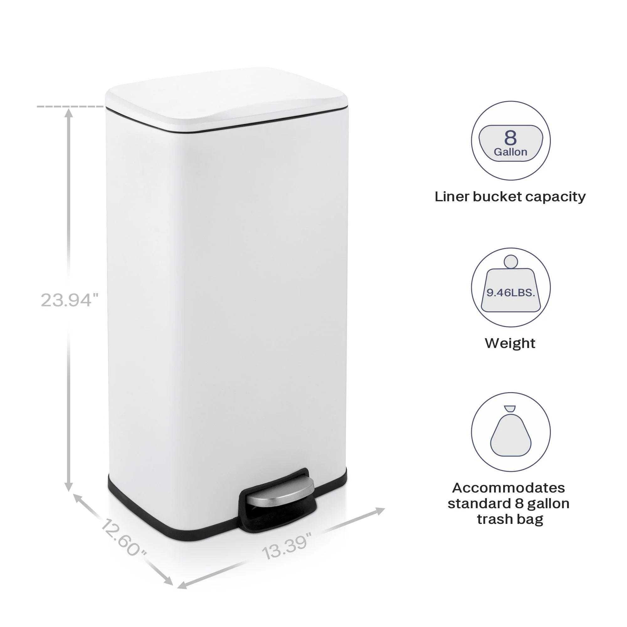 Innovaze 8 Gal./30 Liter Rectangular Matt White step-on Trash Can for kitchen