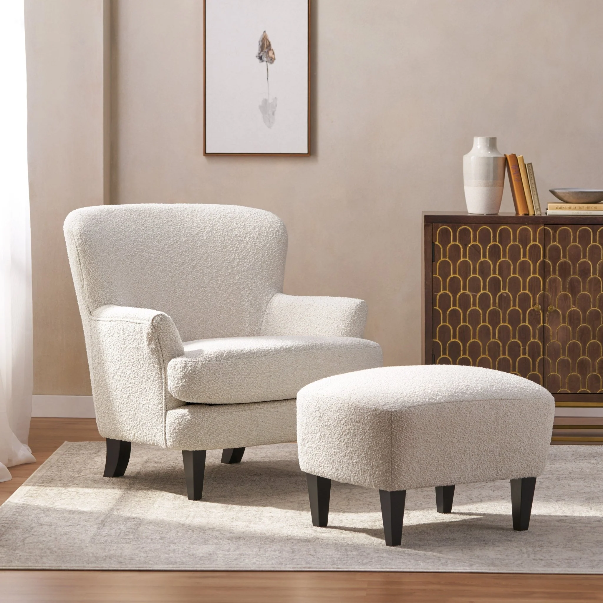 Boucle Fabric Upholstered Accent Chair with Ottoman