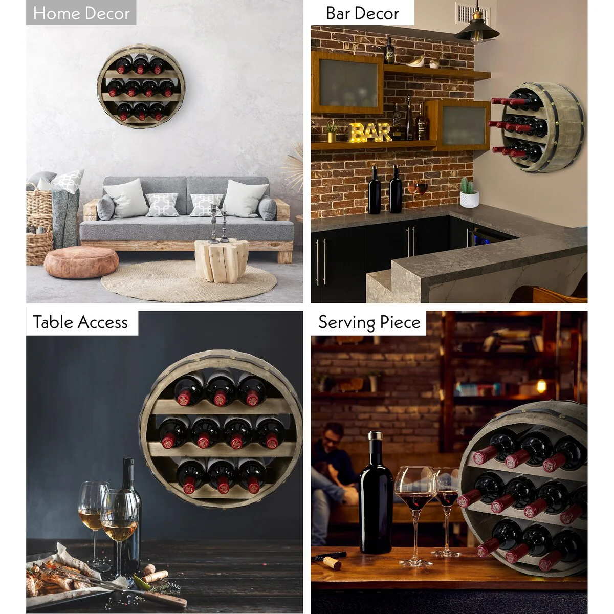 CoTa Global Barrell Wine Rack - Natural Wood Industrial Wall Mounted - 16″Lx16″Wx8″H
