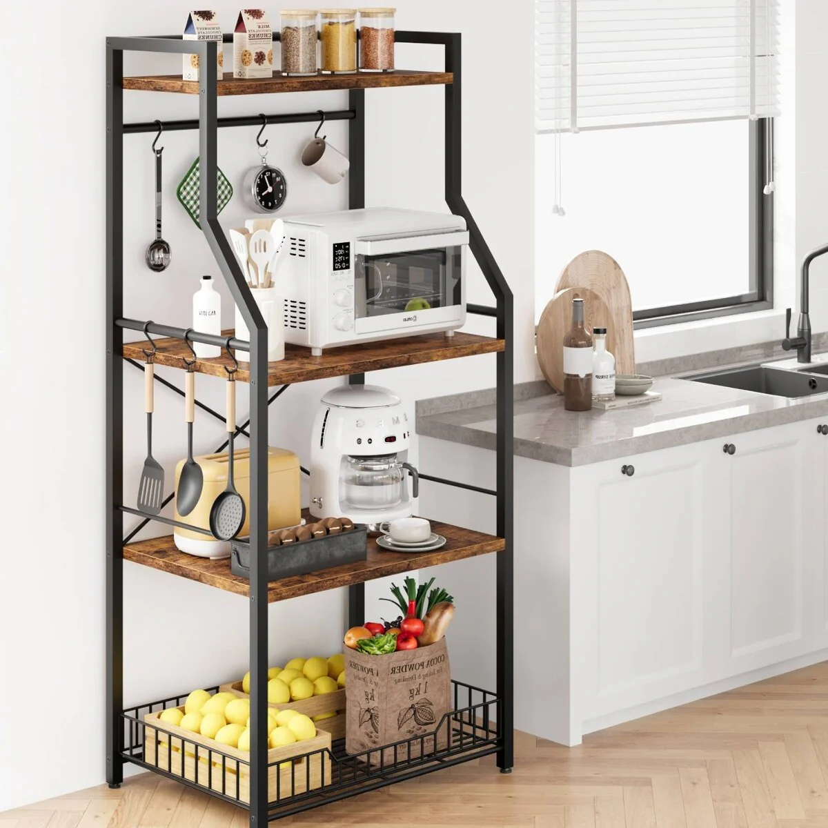 4-Tier Kitchen Bakers Rack with Wire Basket