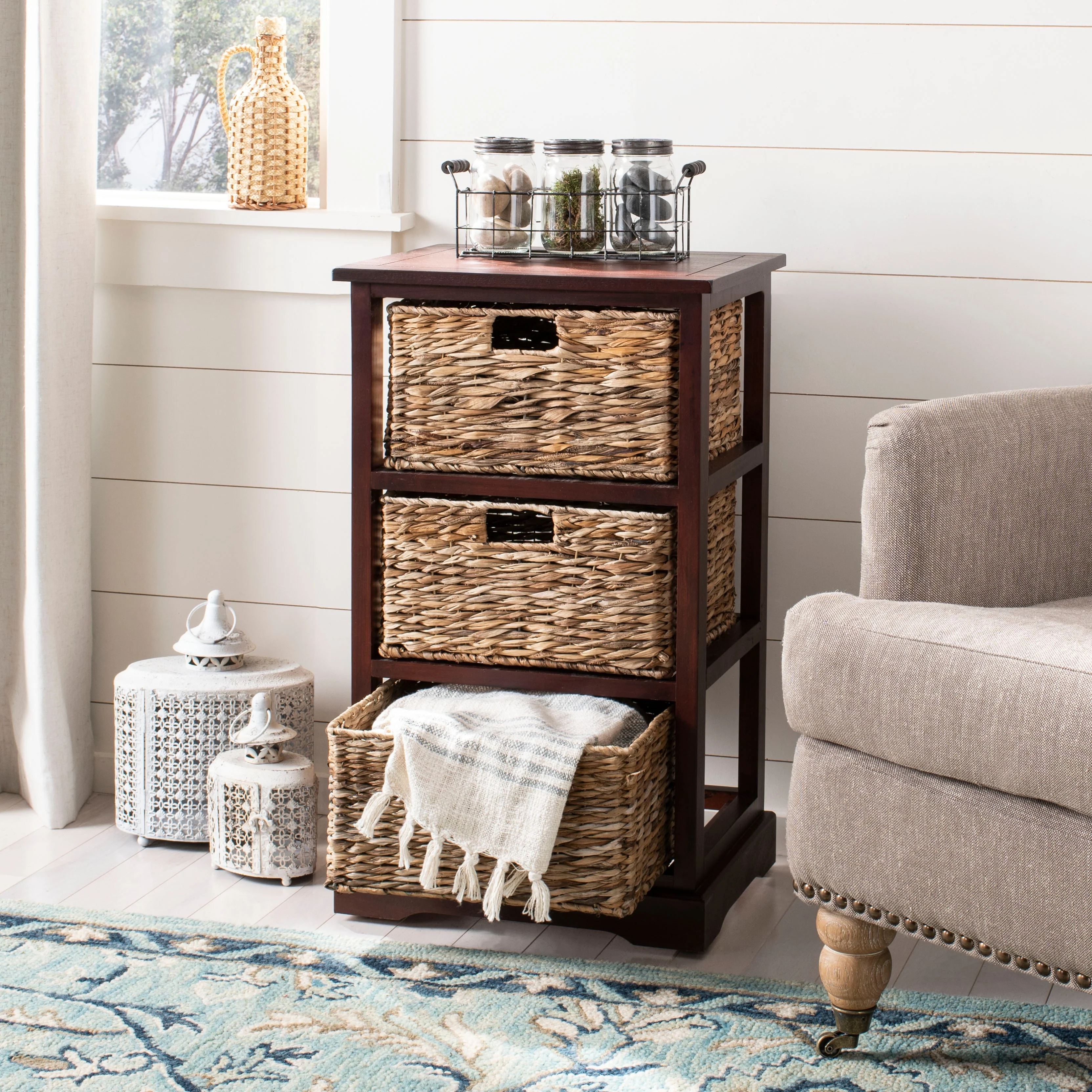 SAFAVIEH Evaline Distressed Black 3 Wicker Basket Storage Unit - 17.3