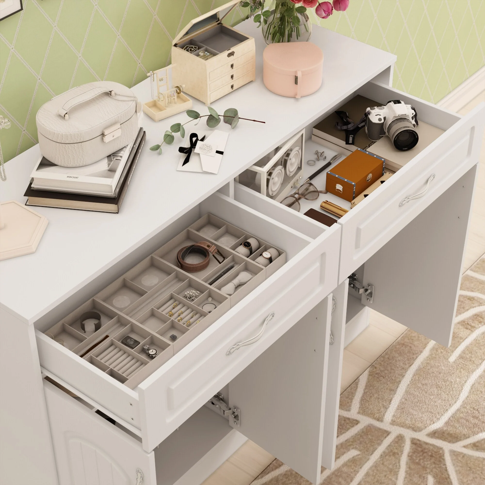 Multi-Functional White Shoe Cabinet with Adjustable Shelves Entryway