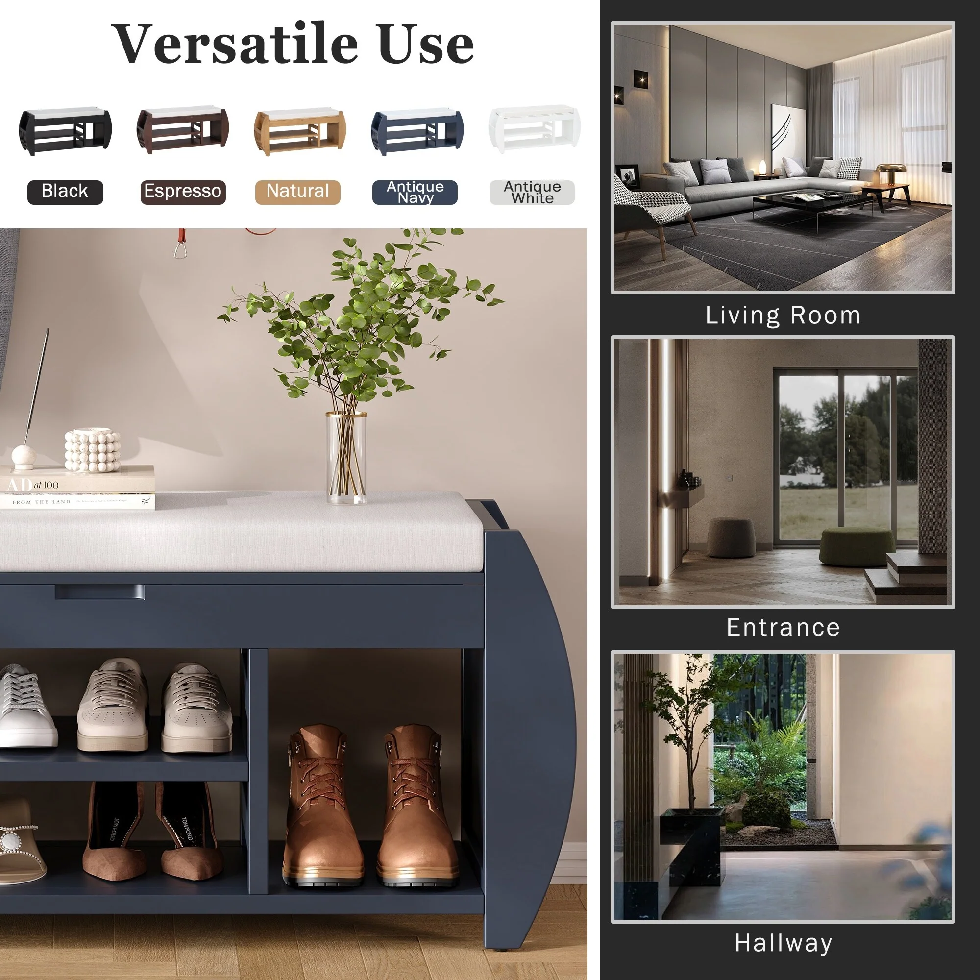 Multifunctional Storage Bench with Cushion and Curved Side Panel for Entrance and Living Room