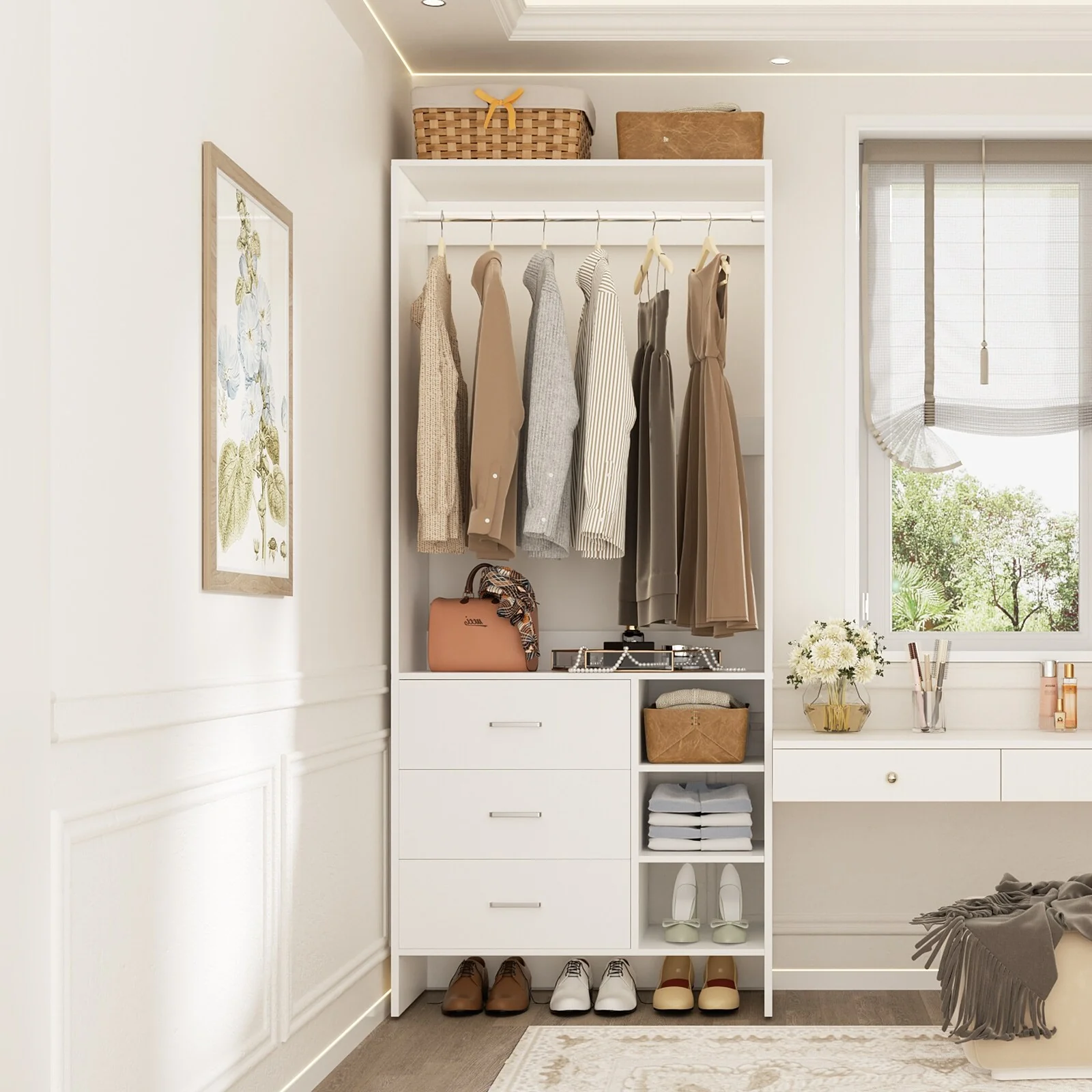 Cimly 30'' W Freestanding Closet Sytem with Hanging Rod, Closet Organizer with Drawers and Shelves