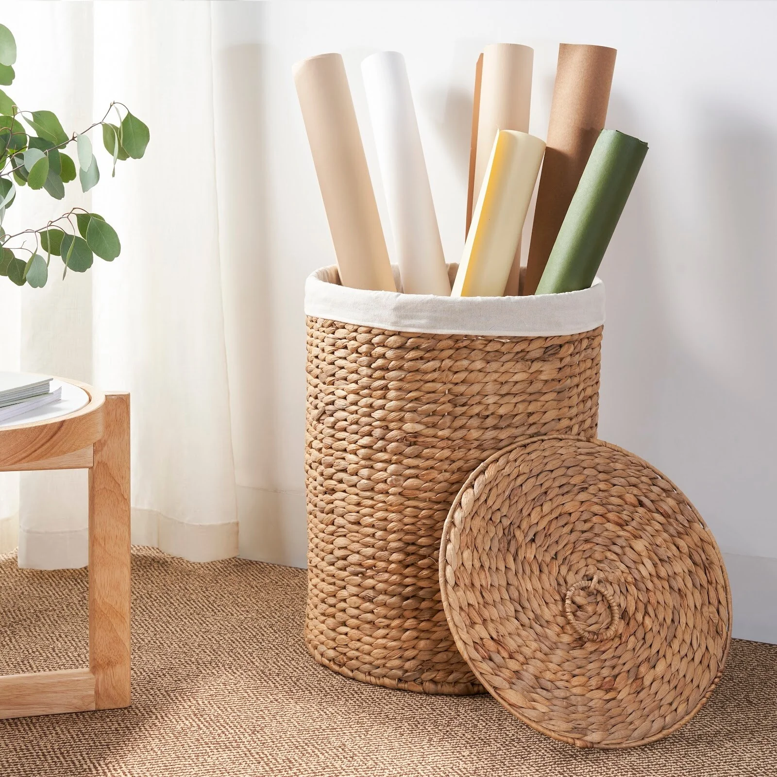 Ludmilla Round Tall Water Hyacinth Woven Wicker Laundry Hamper with Lid 15