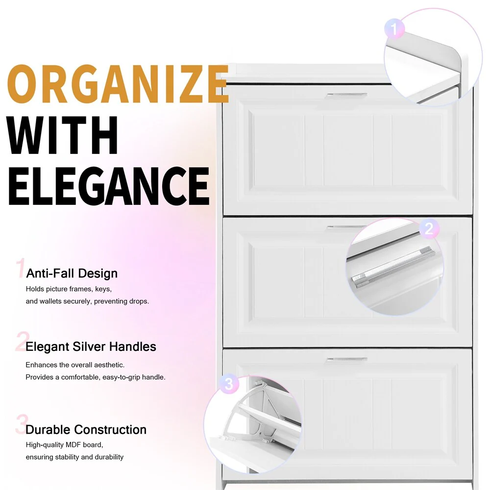 Free Standing Wood Shoe Storage Cabinet with 3 Flip Drawers