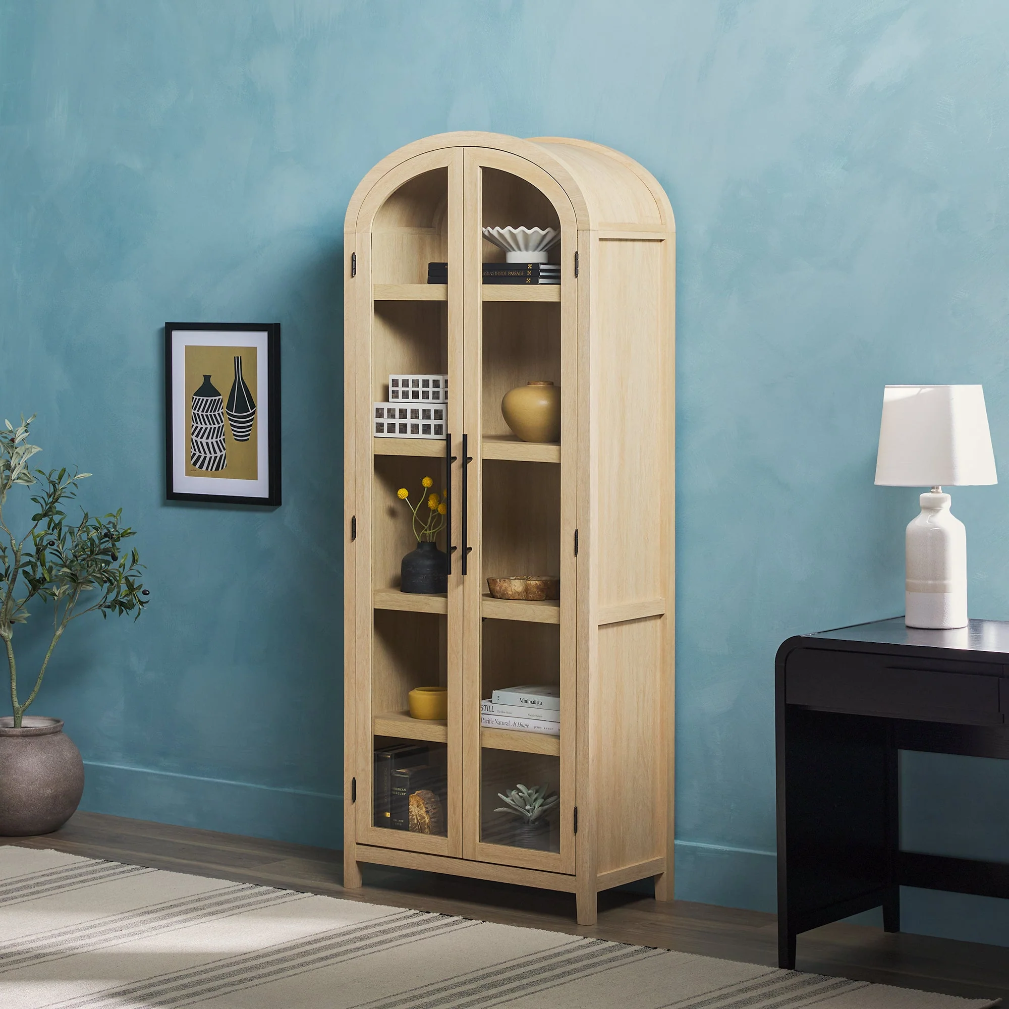 Arched Tall Bookcase with Glass Doors and 5 Shelves