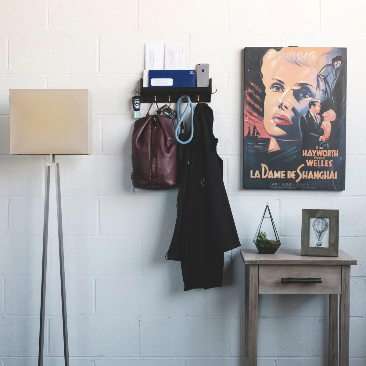 Wallniture 14'' Wide 6 Hook Wall Mounted Coat Rack with Storage Shelf Entryway Mail Organizer - N/A