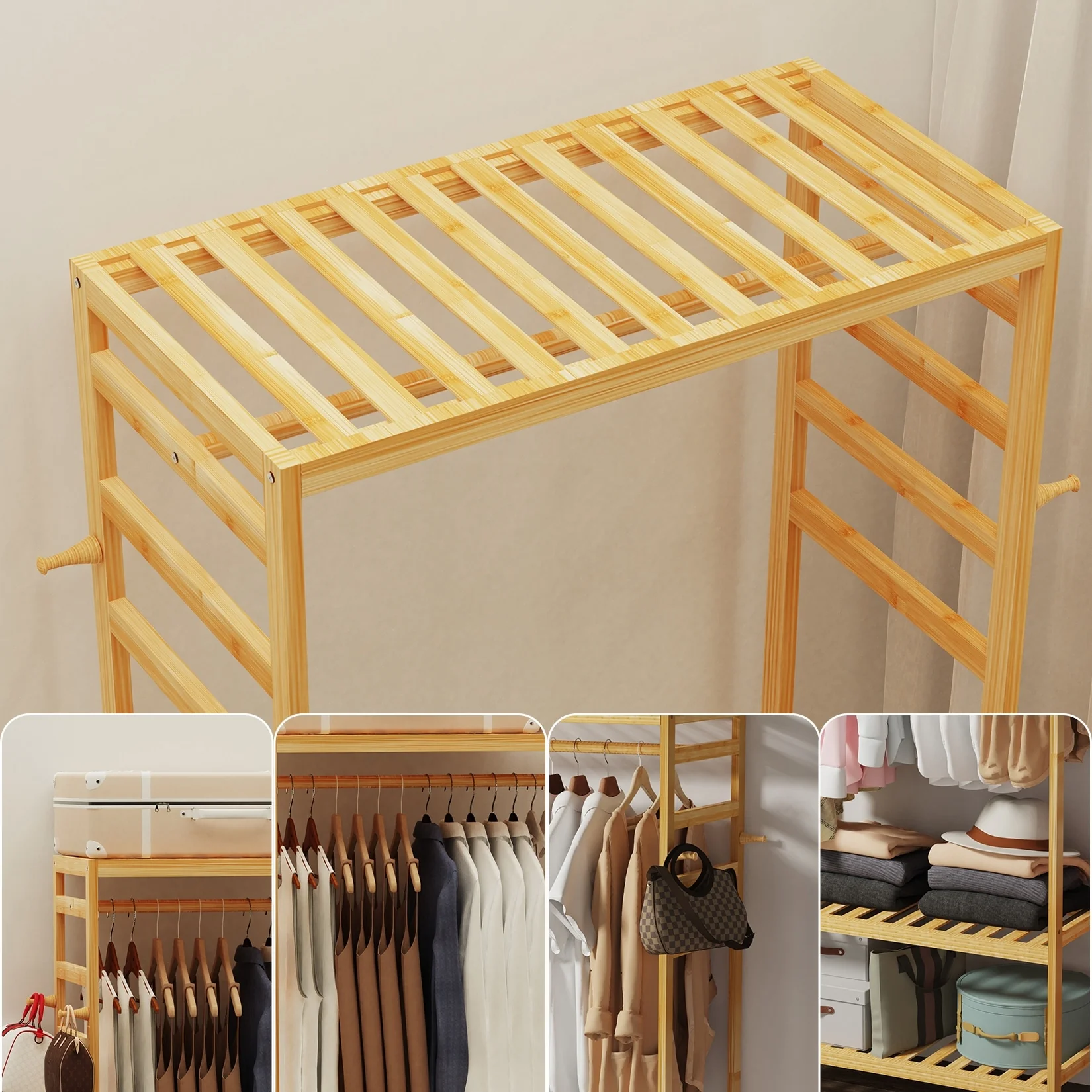 Clothes Rack Bamboo Garment Rolling Rack with Side Hooks