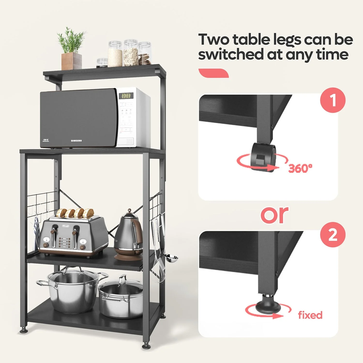 Kitchen Bakers Rack with Storage Shelves &USB Outlets, Microwave Oven Stand Kitchen Shelf Organizer