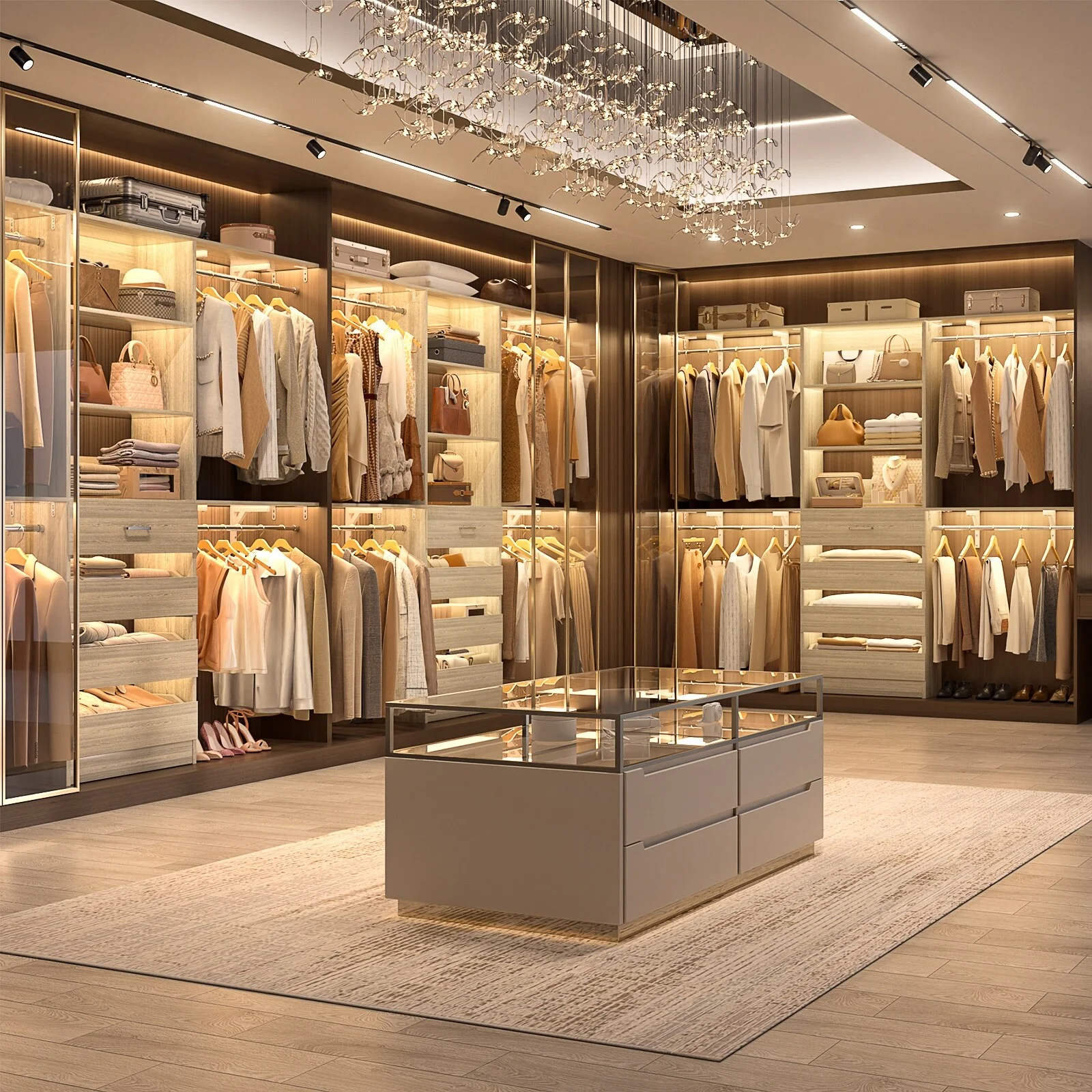 Rackcog 96'' Closet System with 4 Drawers and 4 Hanging Rods, 8FT Wood Closet Organizer for Walk-in Closet