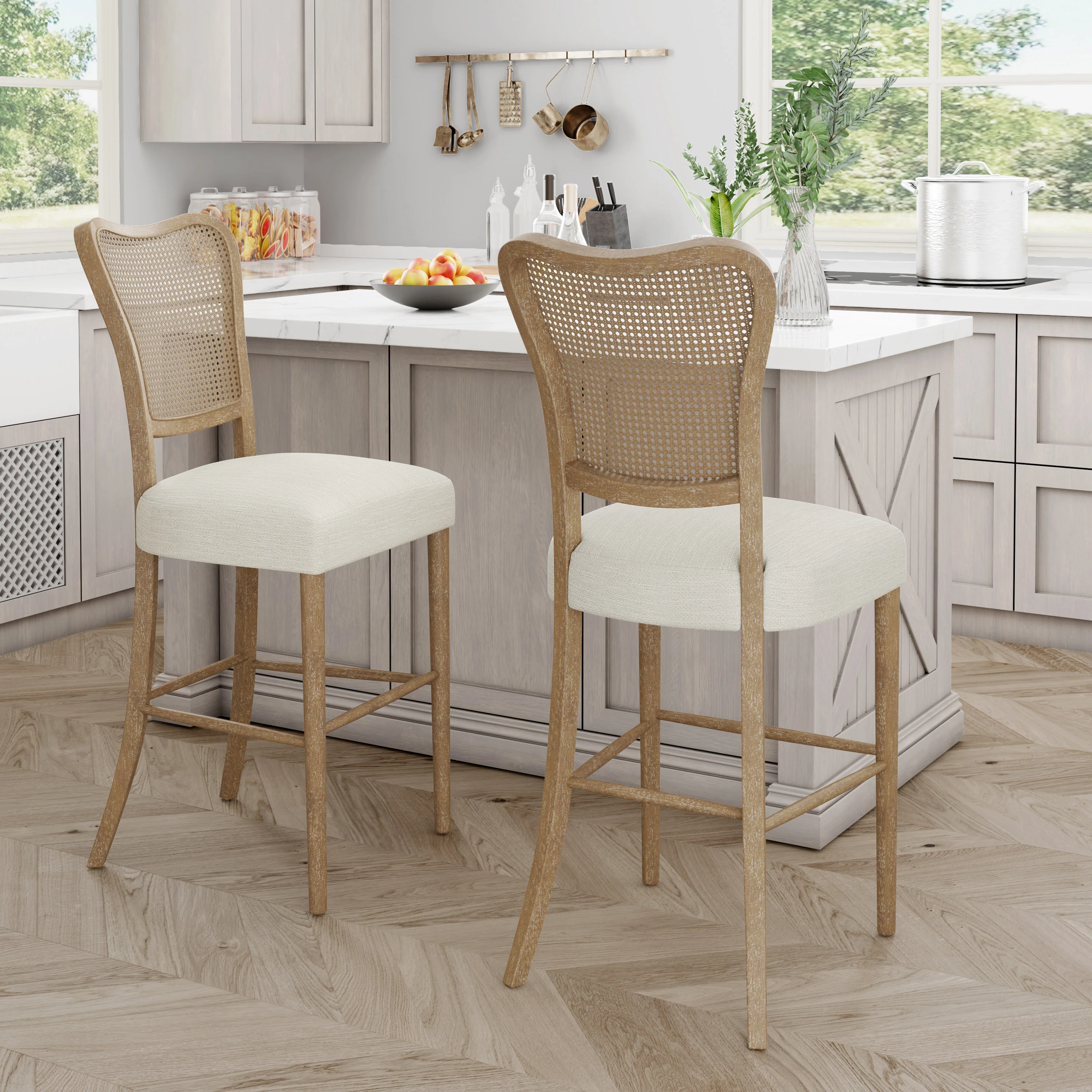 Cane-Back Upholstered Bar Stools, Set of 2