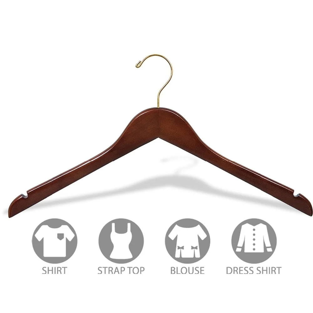 Wooden Top Hanger with Walnut Finish, Space Saving 17 Inch Flat Hangers with Brass Swivel Hook & Notches for Hanging Straps