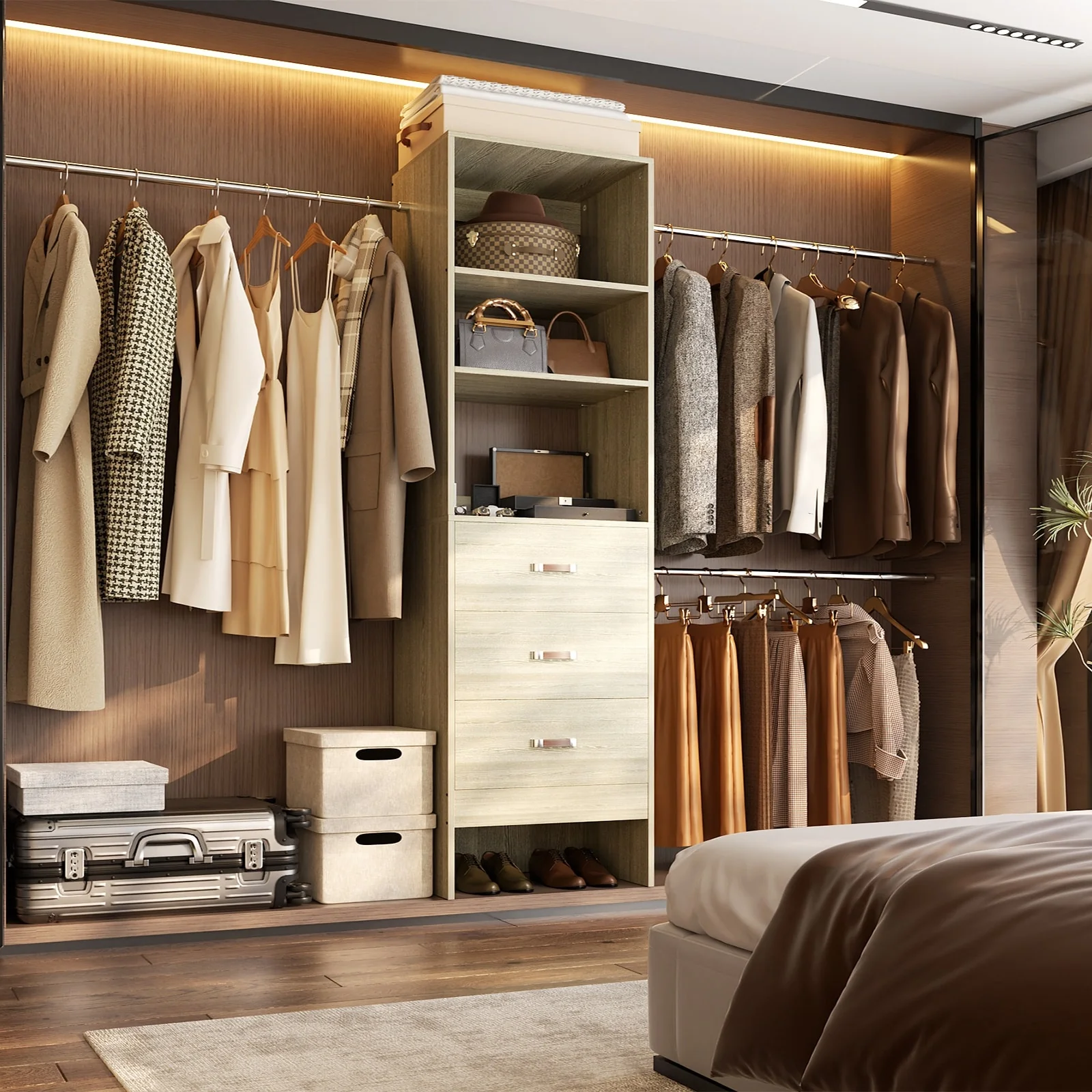 20.5-96'' W Closet Organizer System with Extendable Hanging Rods and Drawers and Tower Shelves