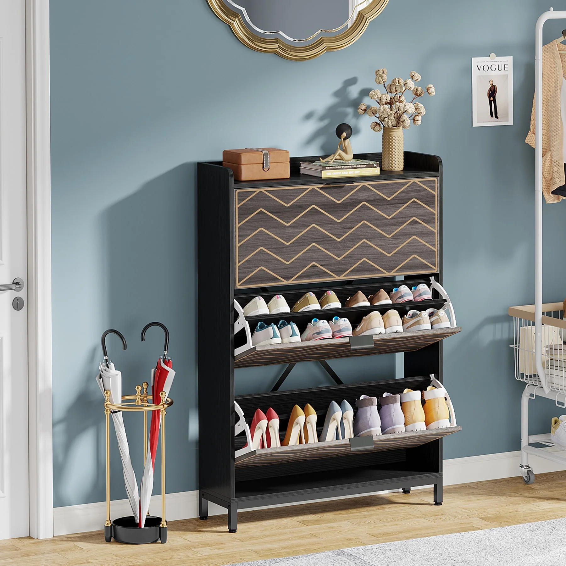 Slim Shoe Cabinet, Freestanding 24 Pair Shoe Rack Organizer